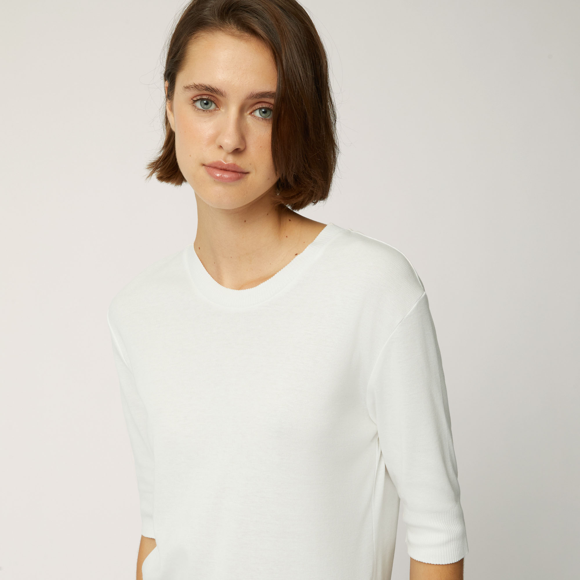 T-Shirt In Cotone E Modal Con Maniche A Tre Quarti, Bianco, large image number 2