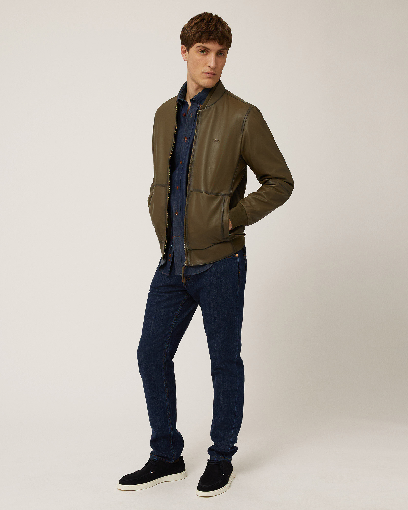 Indigo Cruise Nappa Leather Bomber Jacket, Military Green, large image number 3