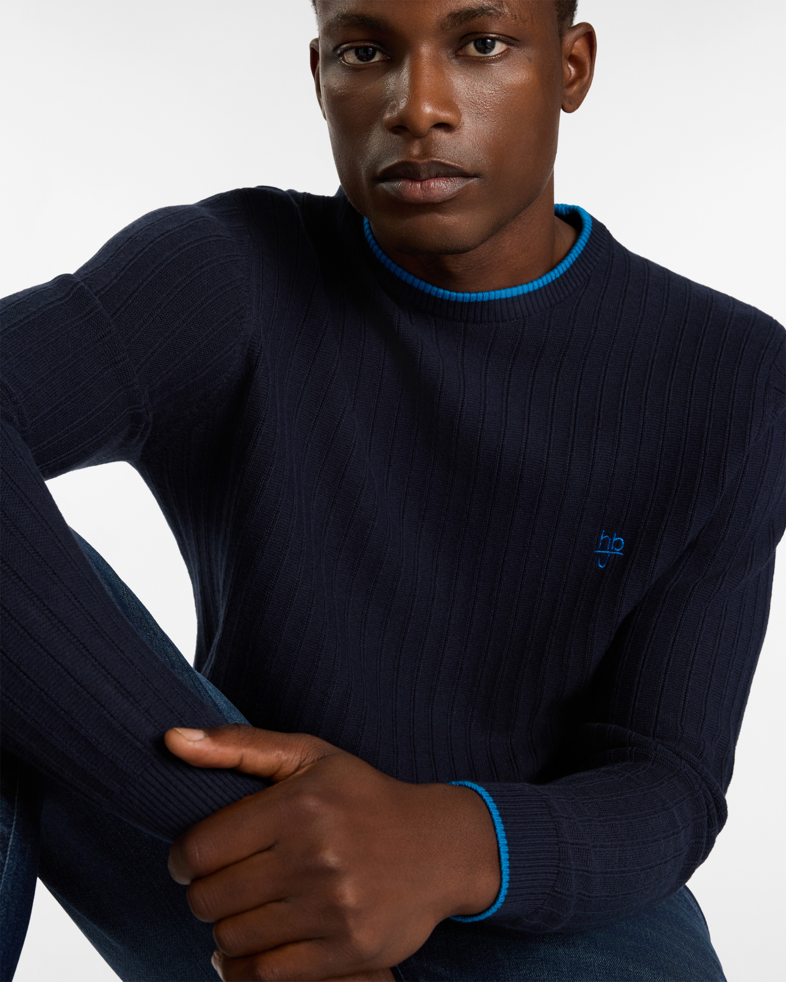 Crew Neck Sweater with Contrast Details, Dark Blue, large image number 2