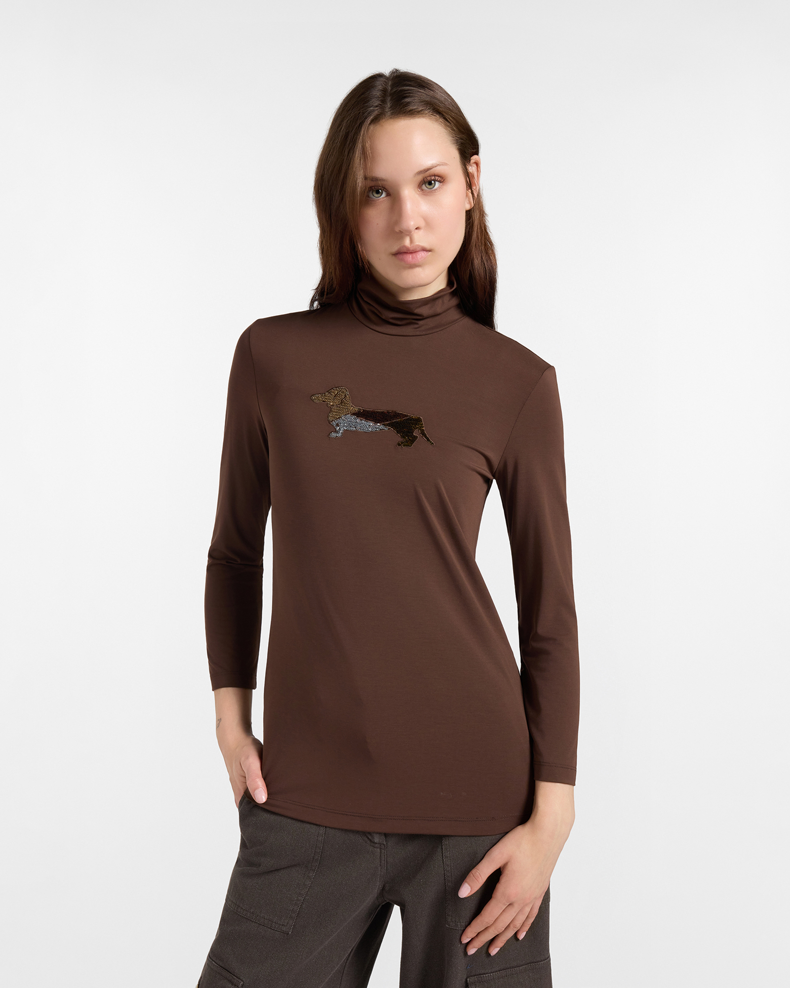 Women&rsquo;s Stretch Modal Turtleneck T-shirt with Sequinned Dachshund in Dark Brown