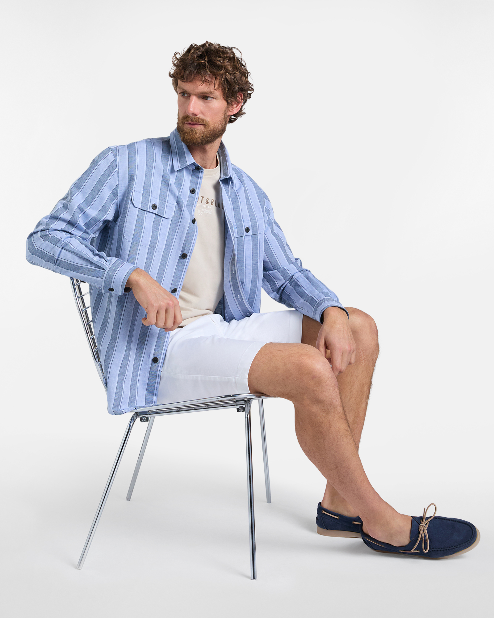 Overshirt Uomo a Righe in Lino e Cotone, Celeste, large image number 3