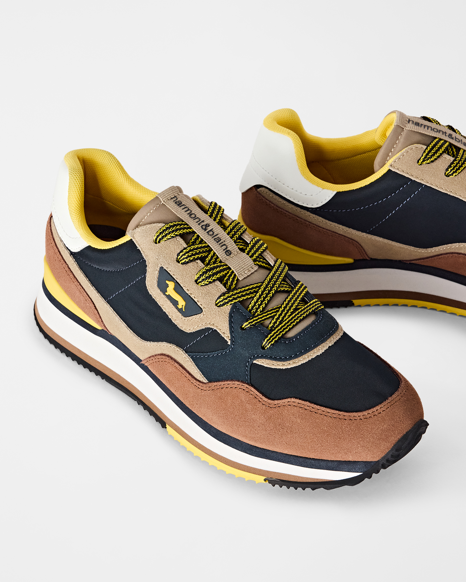 Men's running sneakers in three-tone suede and three-tone technical fabric, beige - BLUE, large