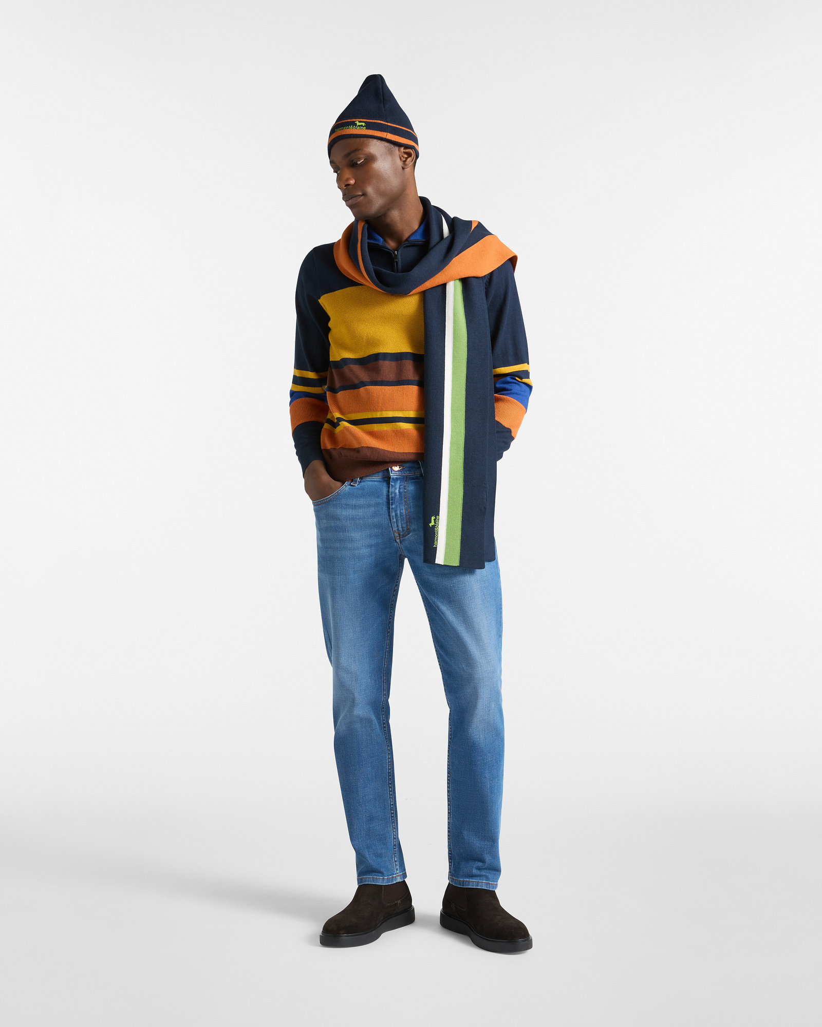 Pullover A Mezza Zip Rigato, Blu Navy, large image number 3