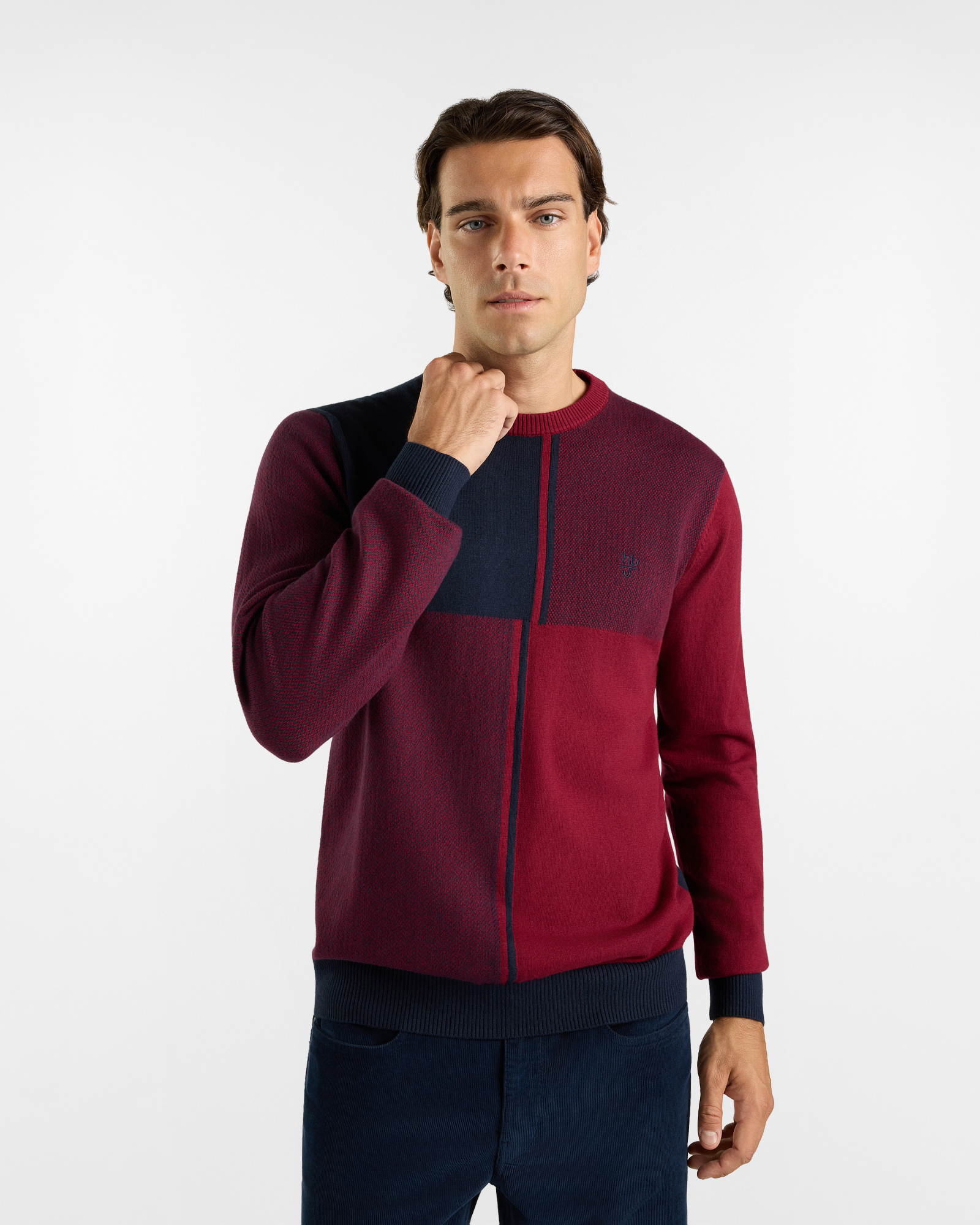 Maglia girocollo HBJ Uomo colour-block in misto lana e cashmere rosso