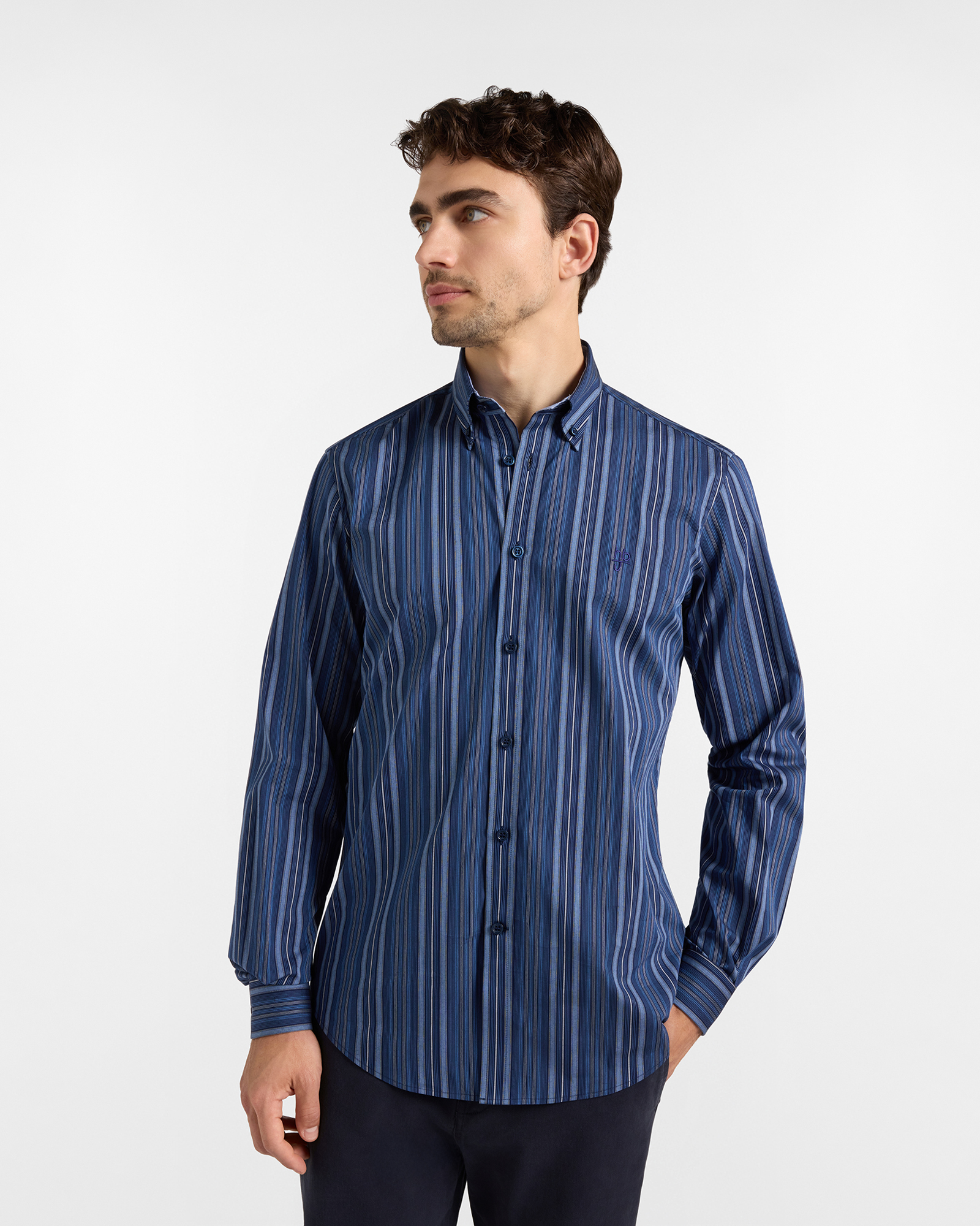 HBJ Men&rsquo;s Narrow Fit Shirt in dark blue striped stretch cotton with a Monte Carlo collar