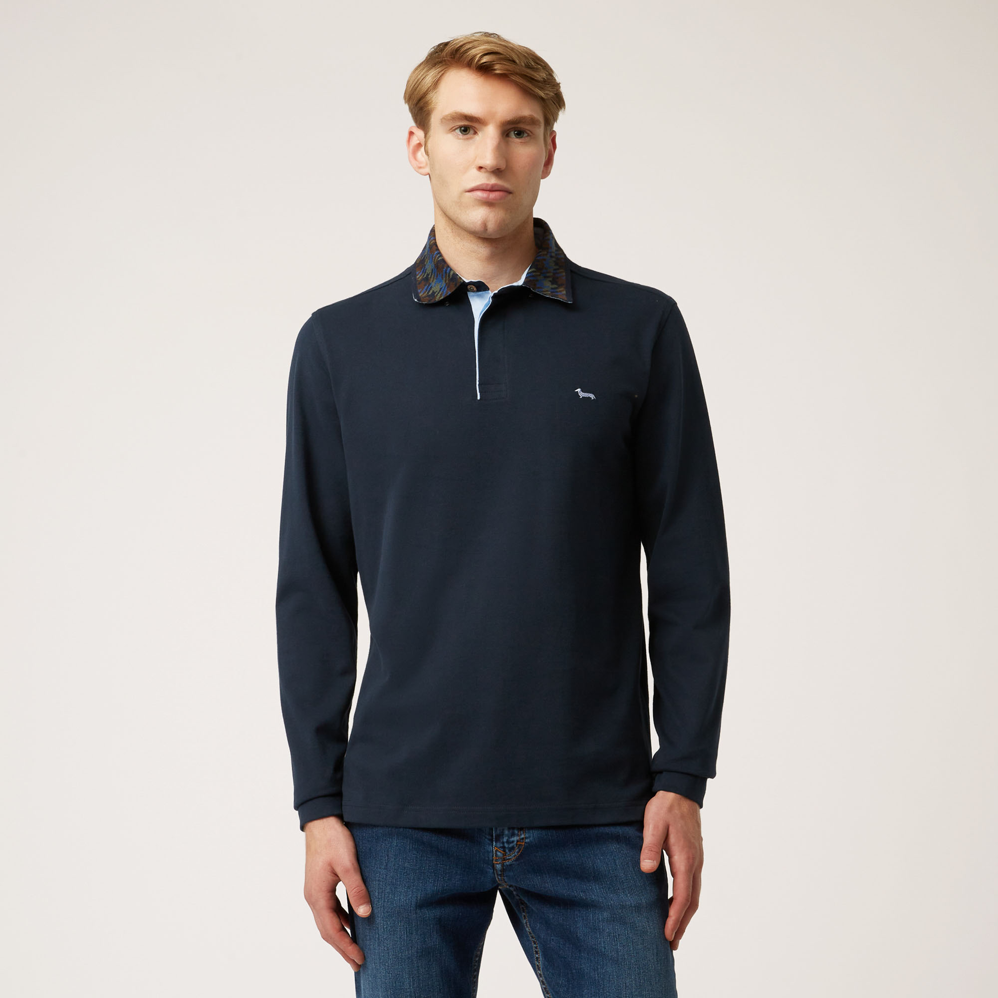 Vietri Long-Sleeved Polo Shirt With Contrasting Collar, Blue, large