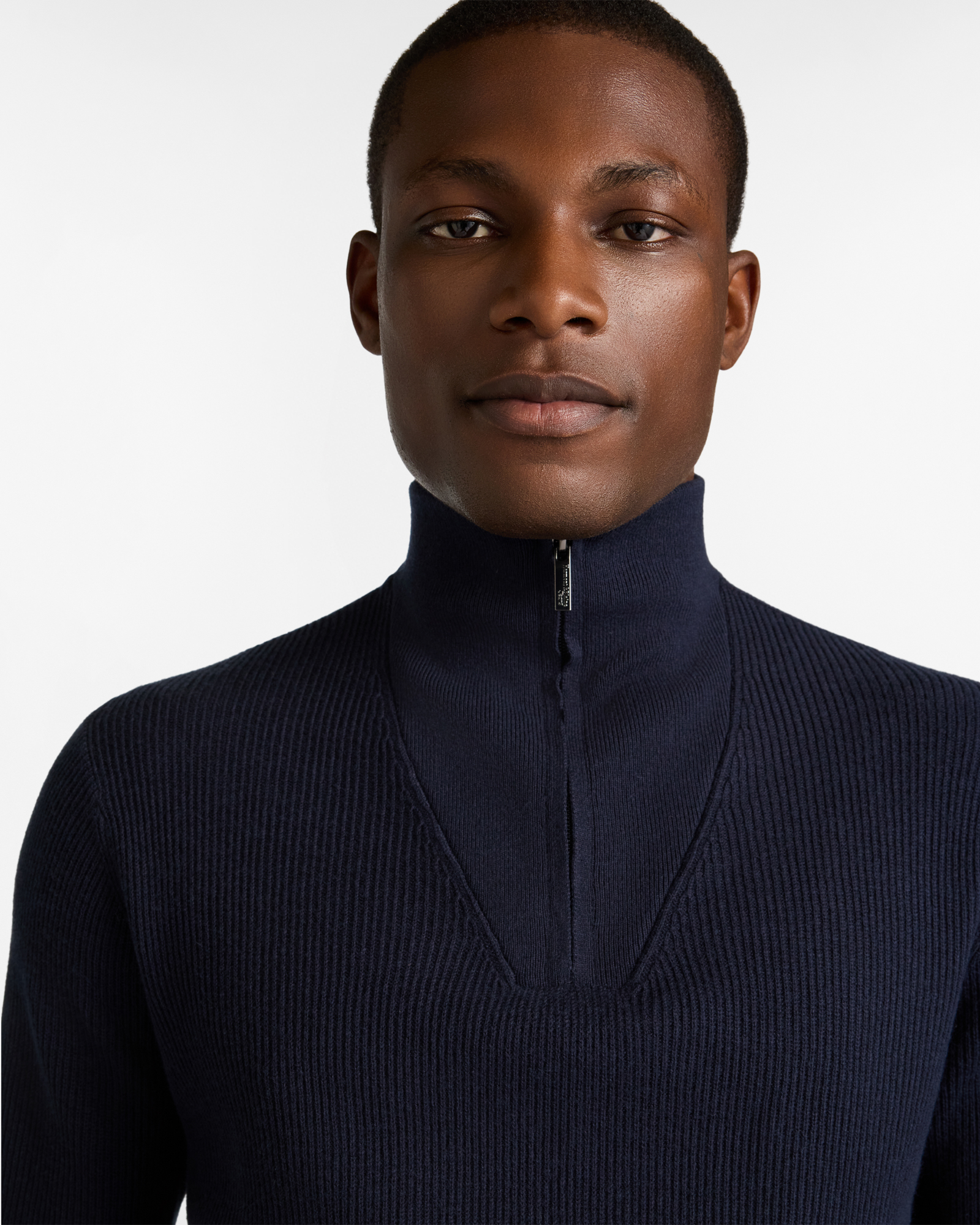 Half Zip Ribbed Sweater with High Collar, Dark Blue, large image number 2