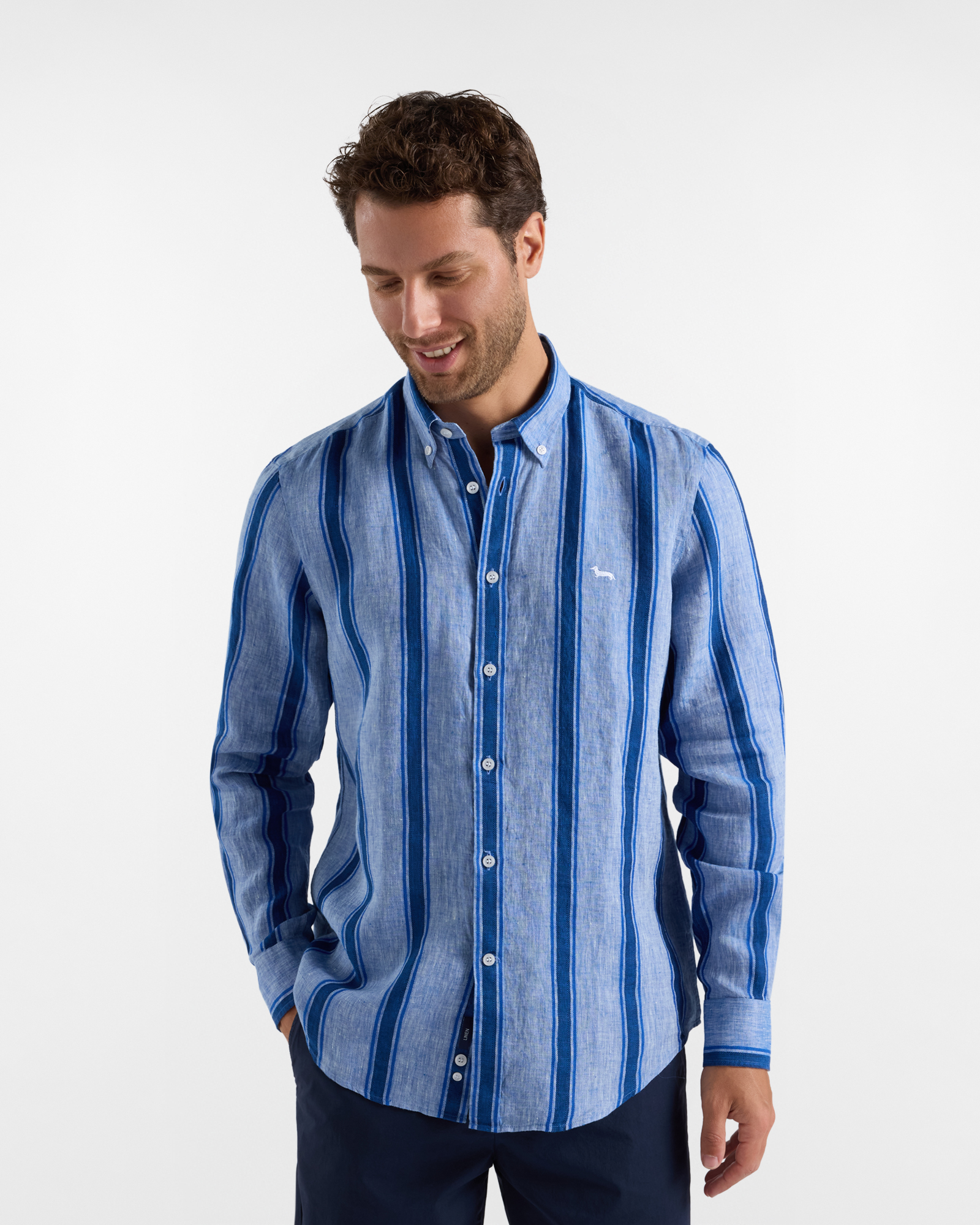 Men's linen shirt with wide stripe, Blue, large