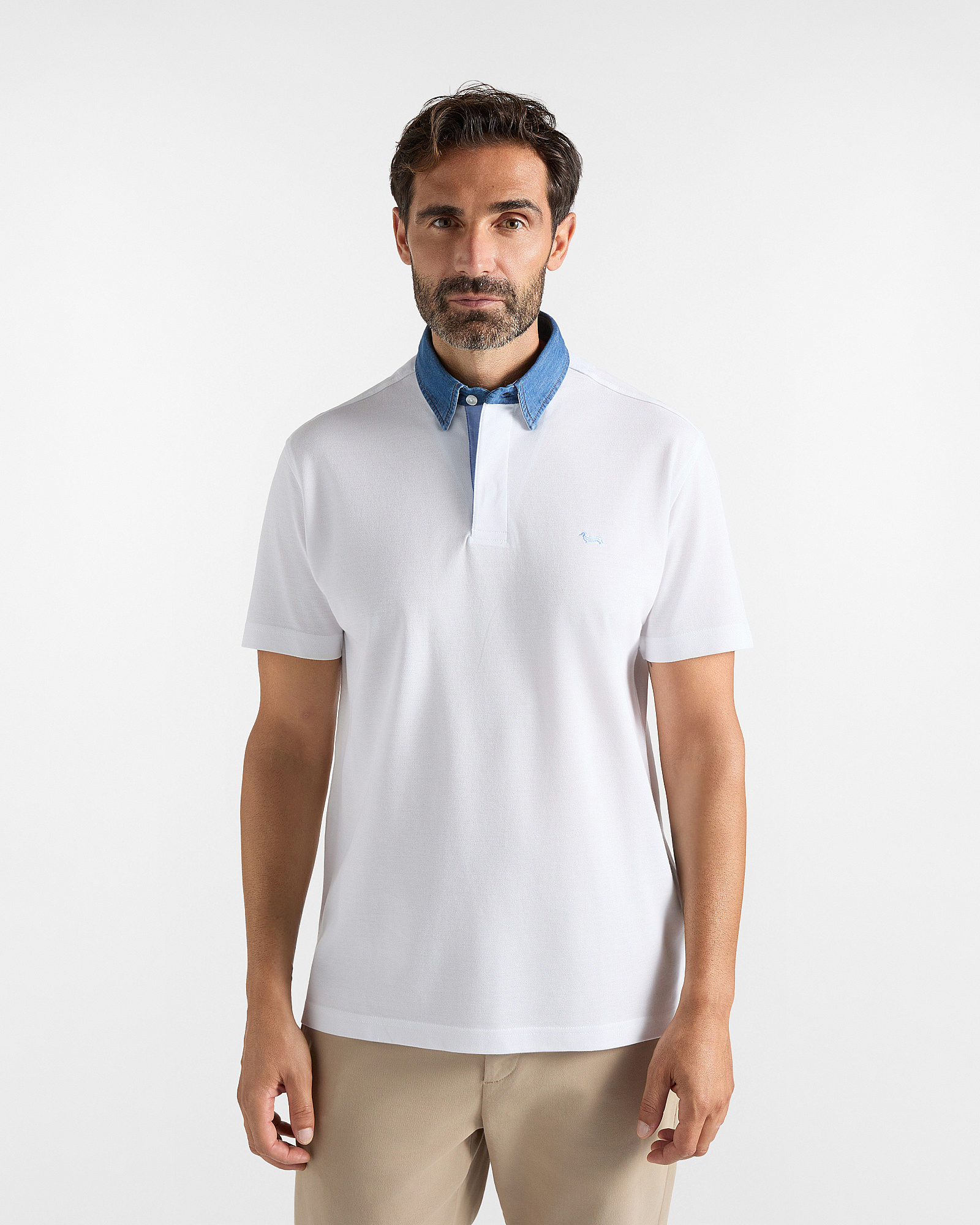 Men's short-sleeve white mercerized 100% pure cotton piqu&eacute; polo shirt