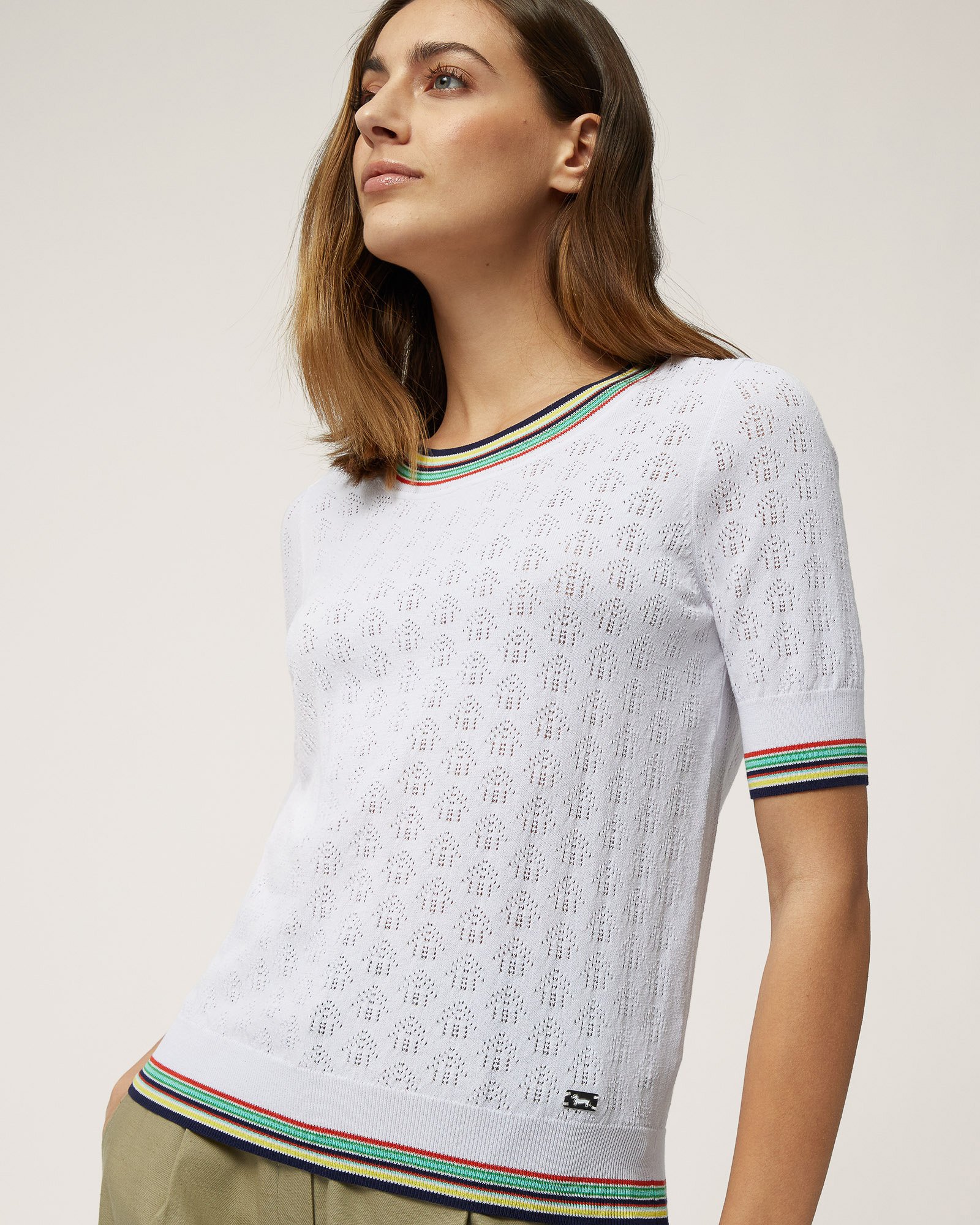 Striped Openwork T-Shirt, White, large image number 2