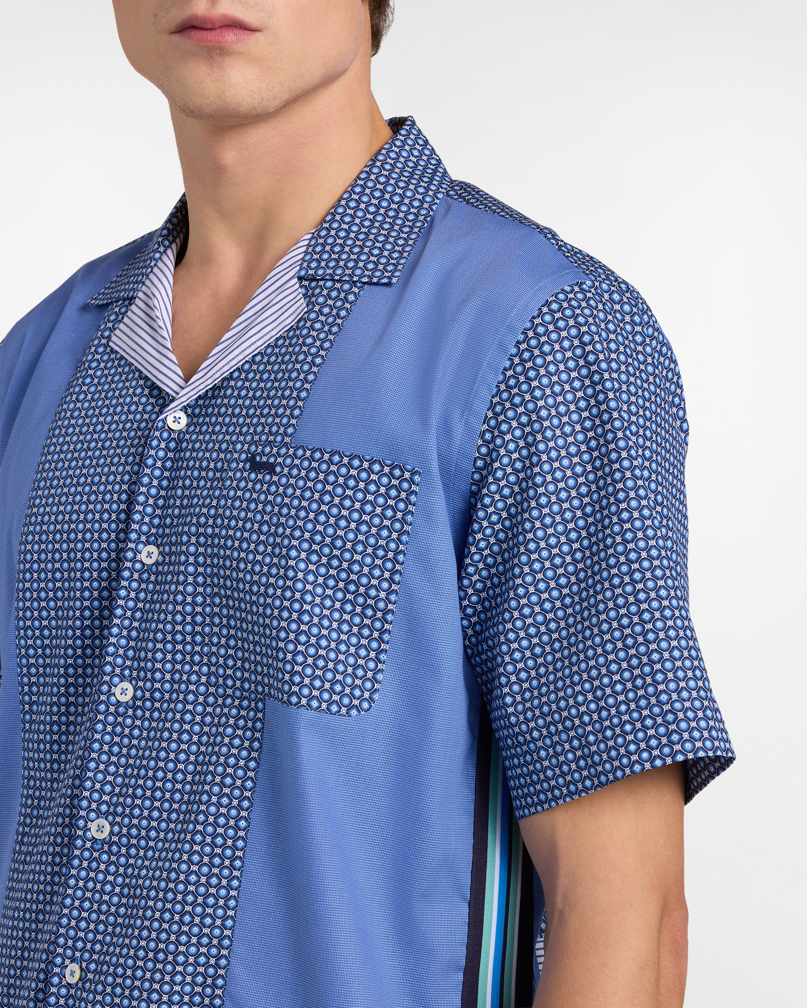 Men's Re-Loved bowling shirt in a mix of Italian check fabrics, Blue, large image number 2