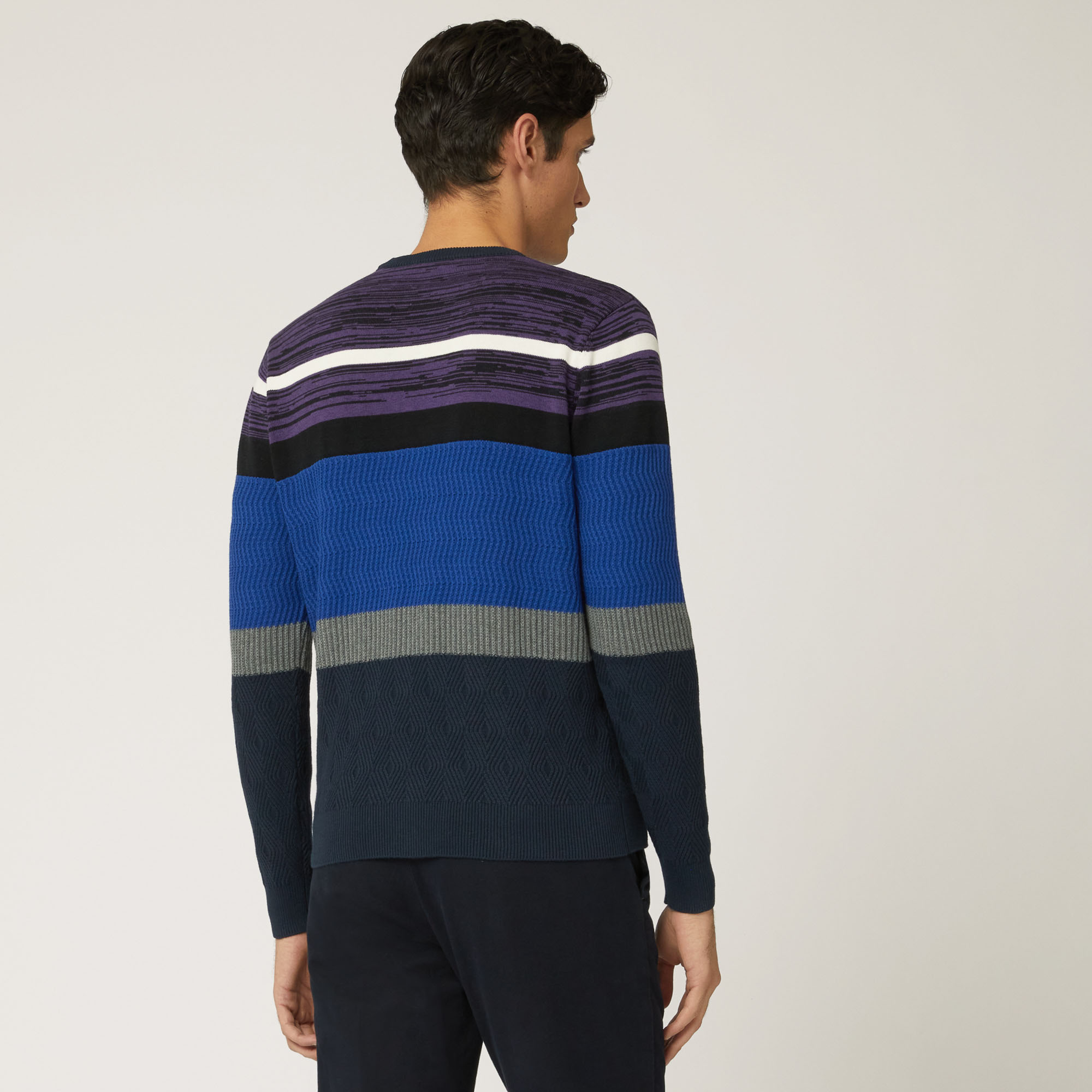 Pullover Girocollo In Lana E Cotone Con Bande Orizzontali, Blu Navy, large image number 1
