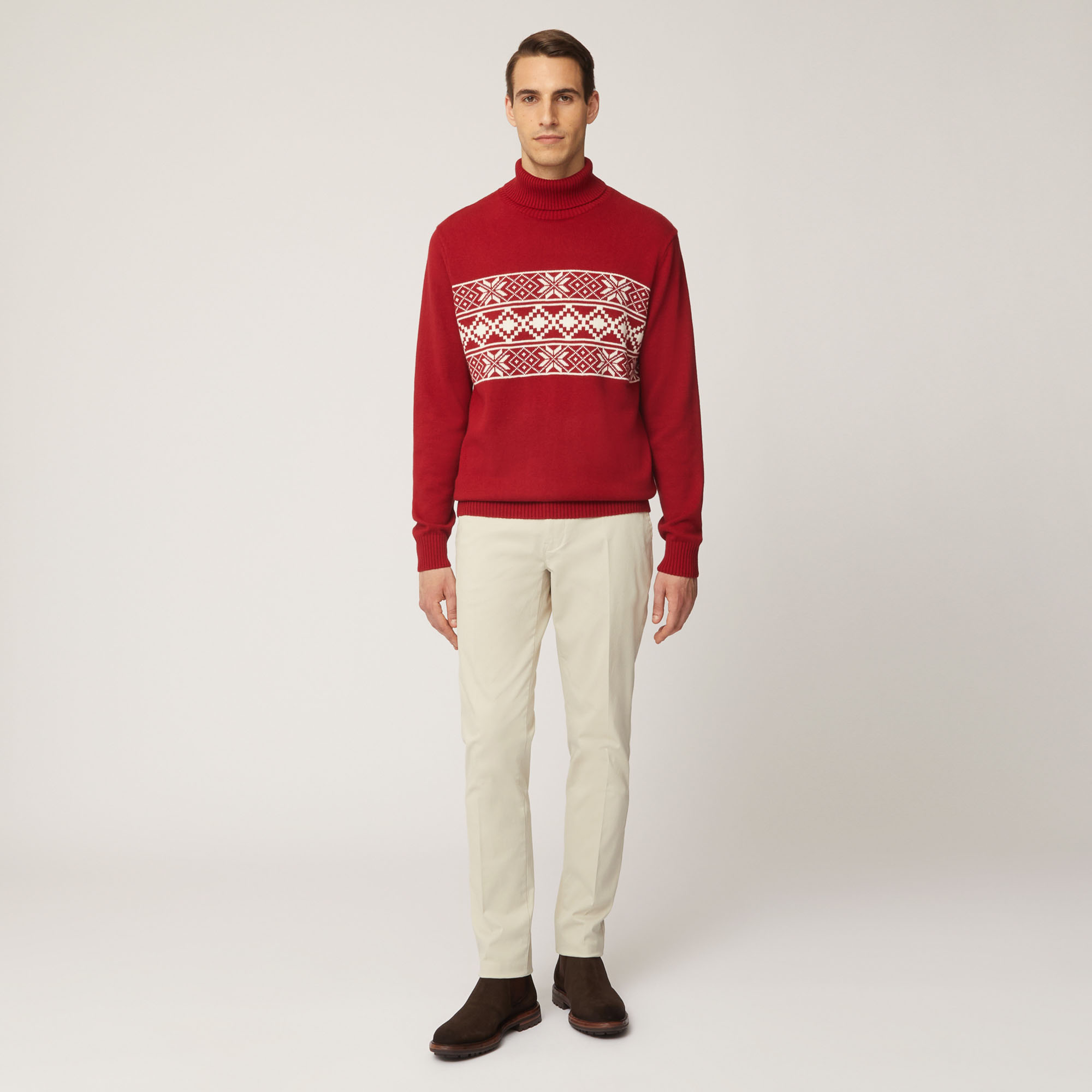 Dolcevita In Cotone E Lana Con Motivi Geometrici, Rosso, large image number 3