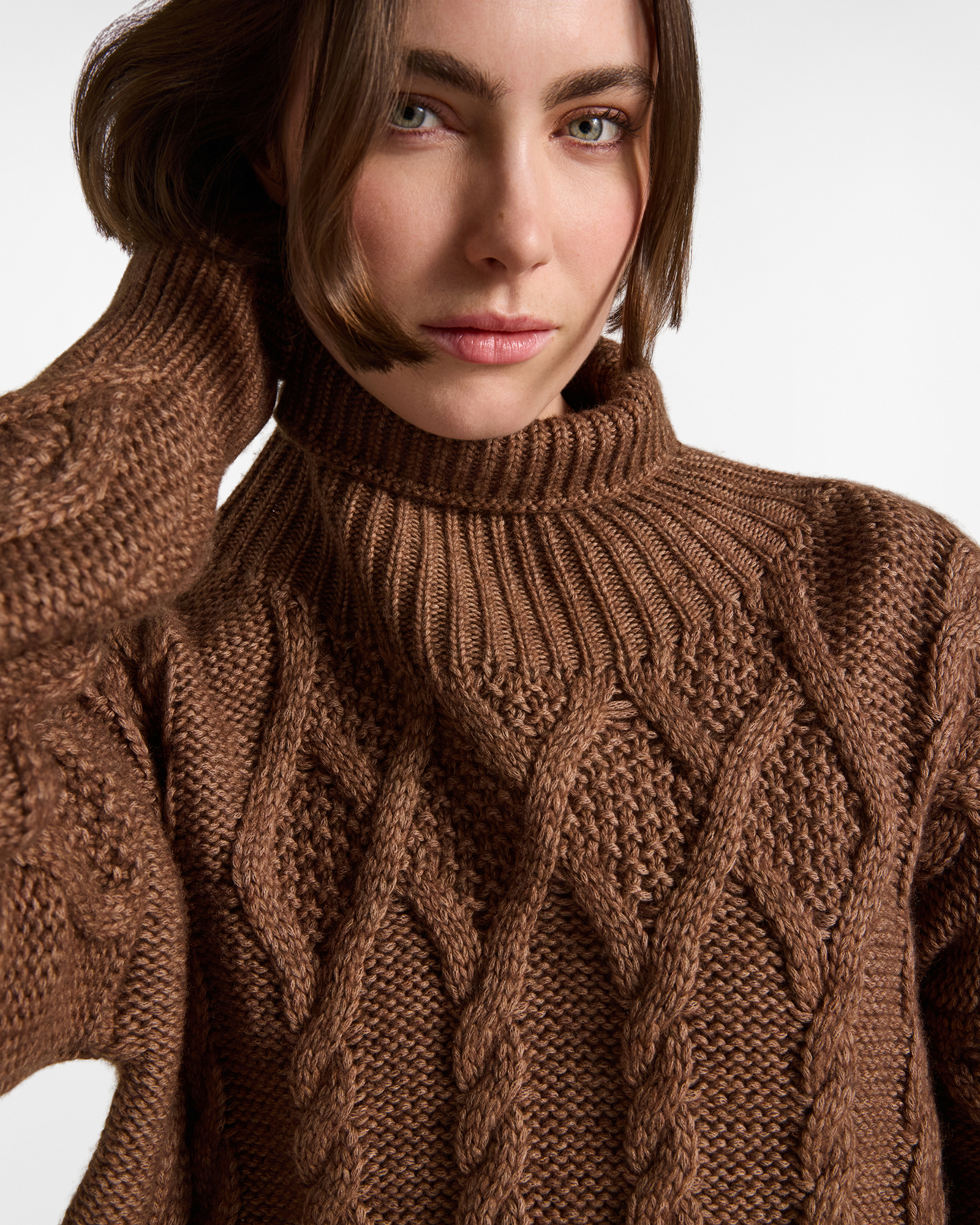 Women's oversized fit maxi turtleneck pullover in wool with cashmere and cotton blend, DARK BROWN, large