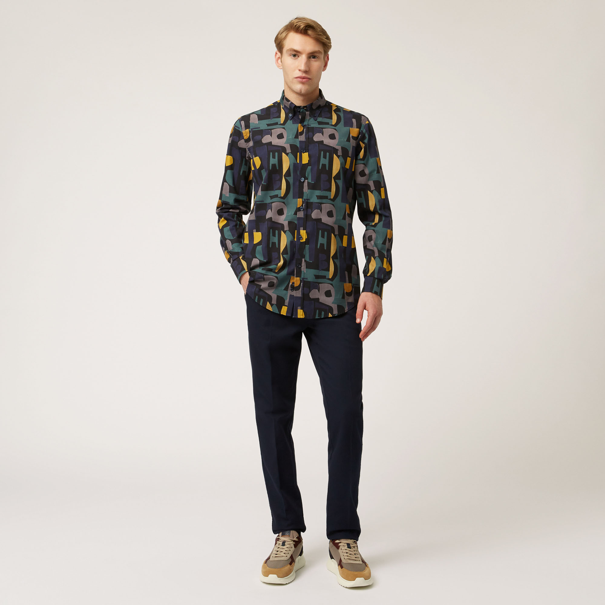 Camicia In Cotone Con Stampa Hb All-Over, Blu Navy, large image number 3
