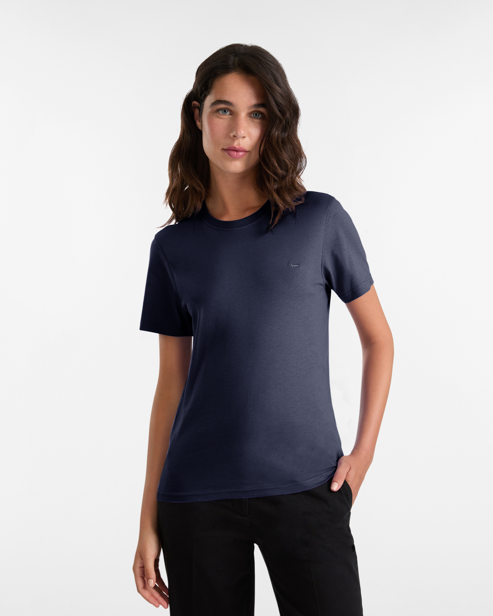 Camiseta de Jersey de Algodón con Perro Salchicha Bordado, Azul Navy, large
