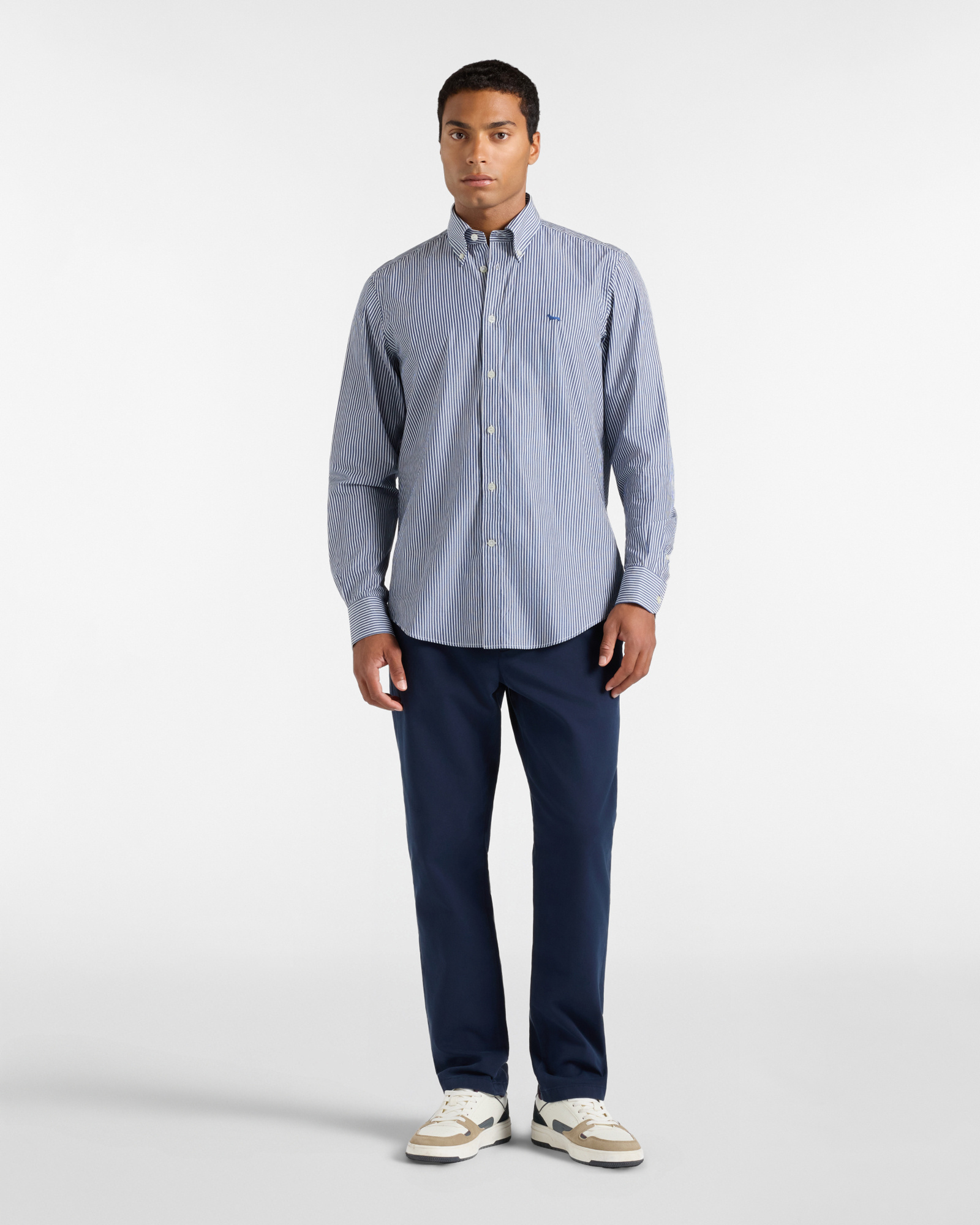 Men's regular-fit dark blue colorful yarn-dyed background with stripe shirt, BLUETTE, large
