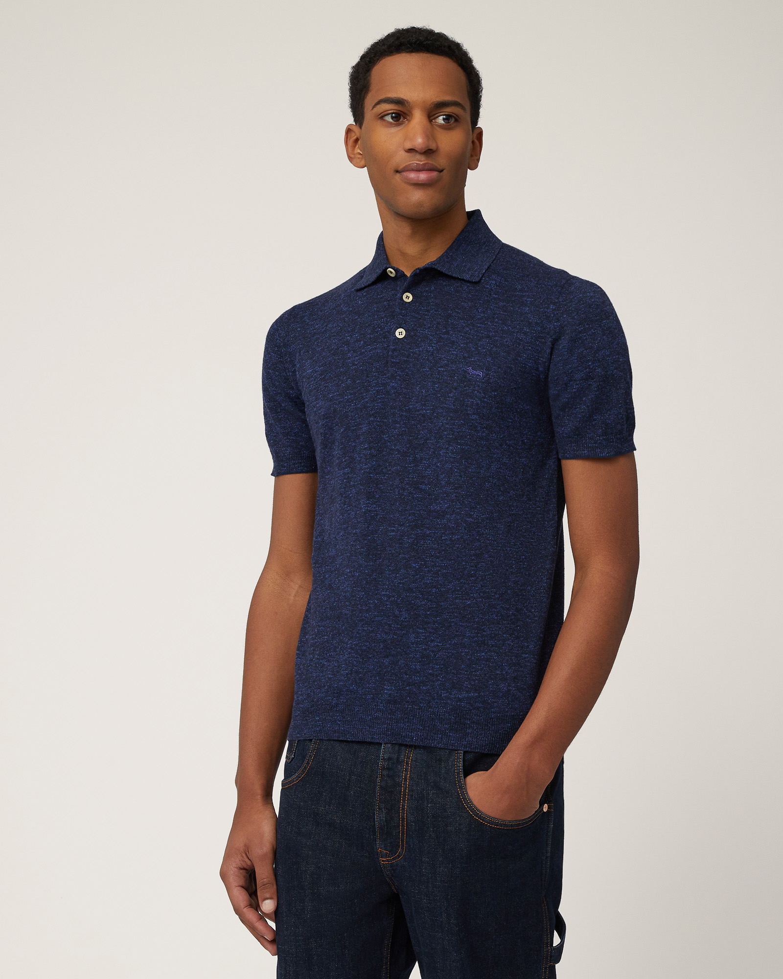 Poloshirt aus geflammtem Tweed, Marineblau, large image number 0