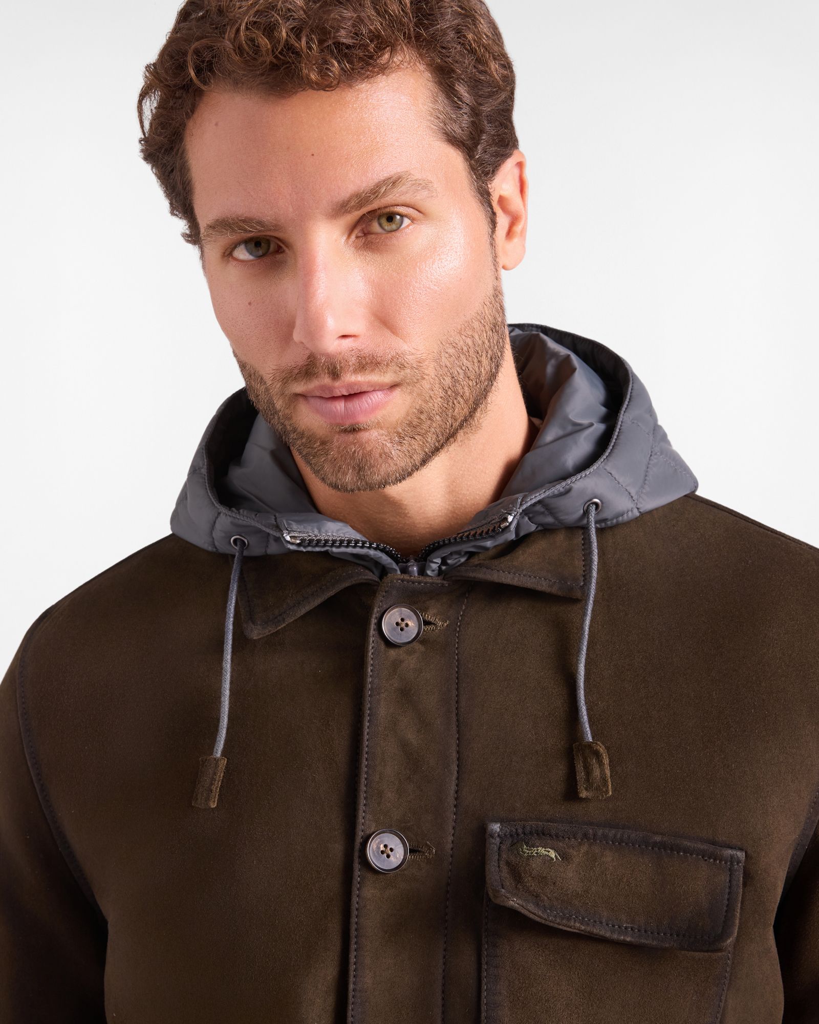 Men&rsquo;s suede coat with a nylon inner jacket, PETROLEUM GREEN, large