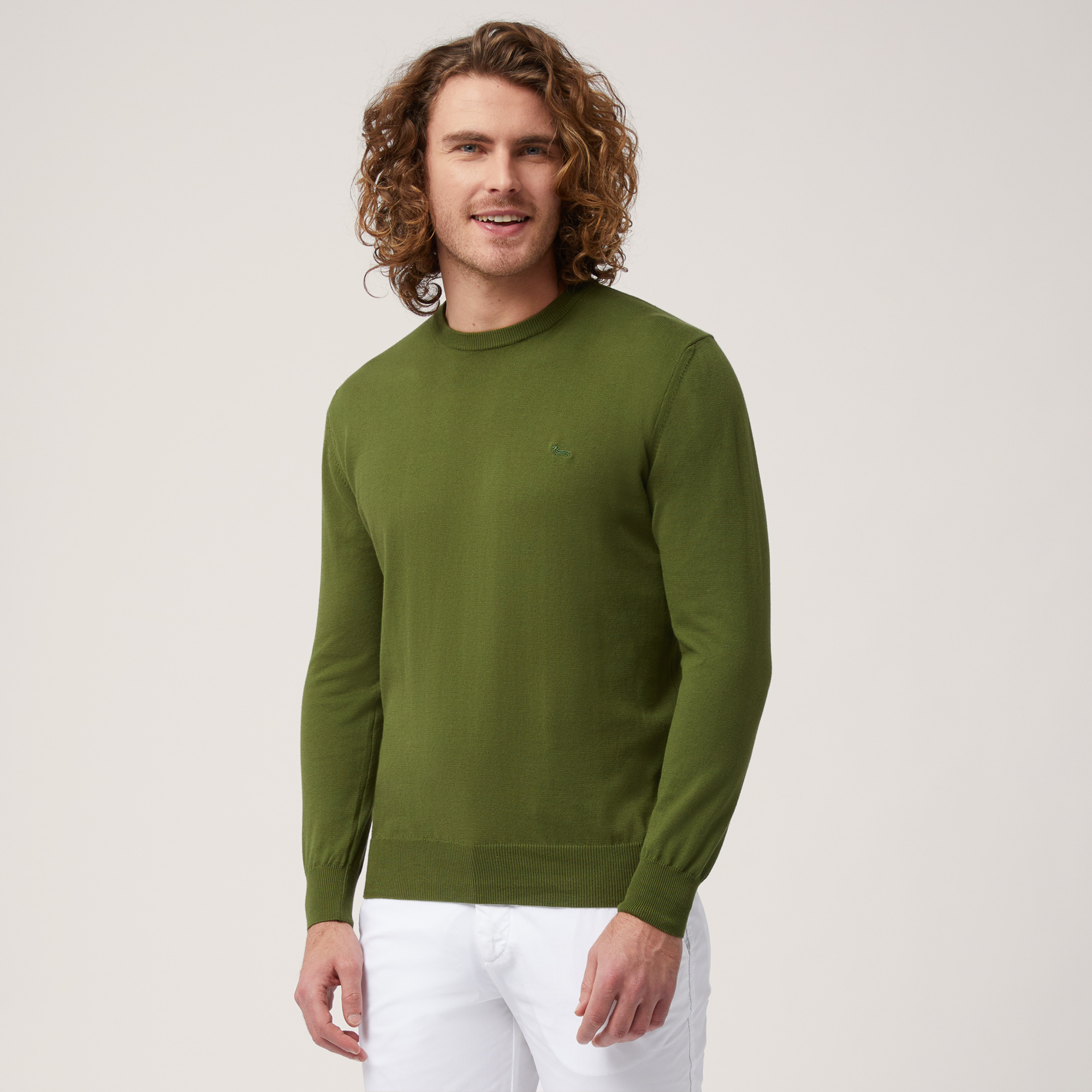 Cotton Crew Neck Pullover, Green, large