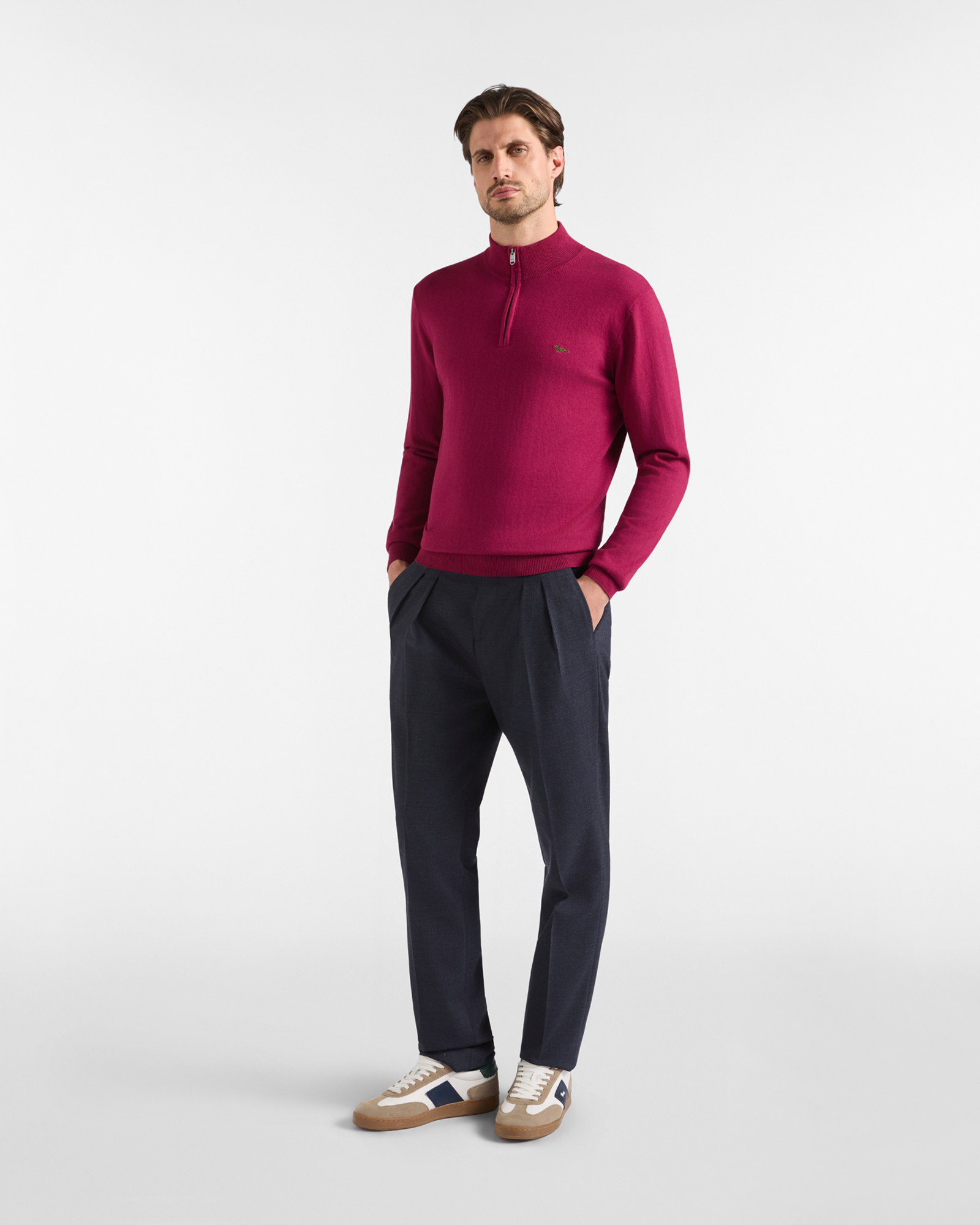 Men's regular fit sweater with half-zip stand-up collar in a  wool and cotton blend, INDIAN ROSE, large image number 3