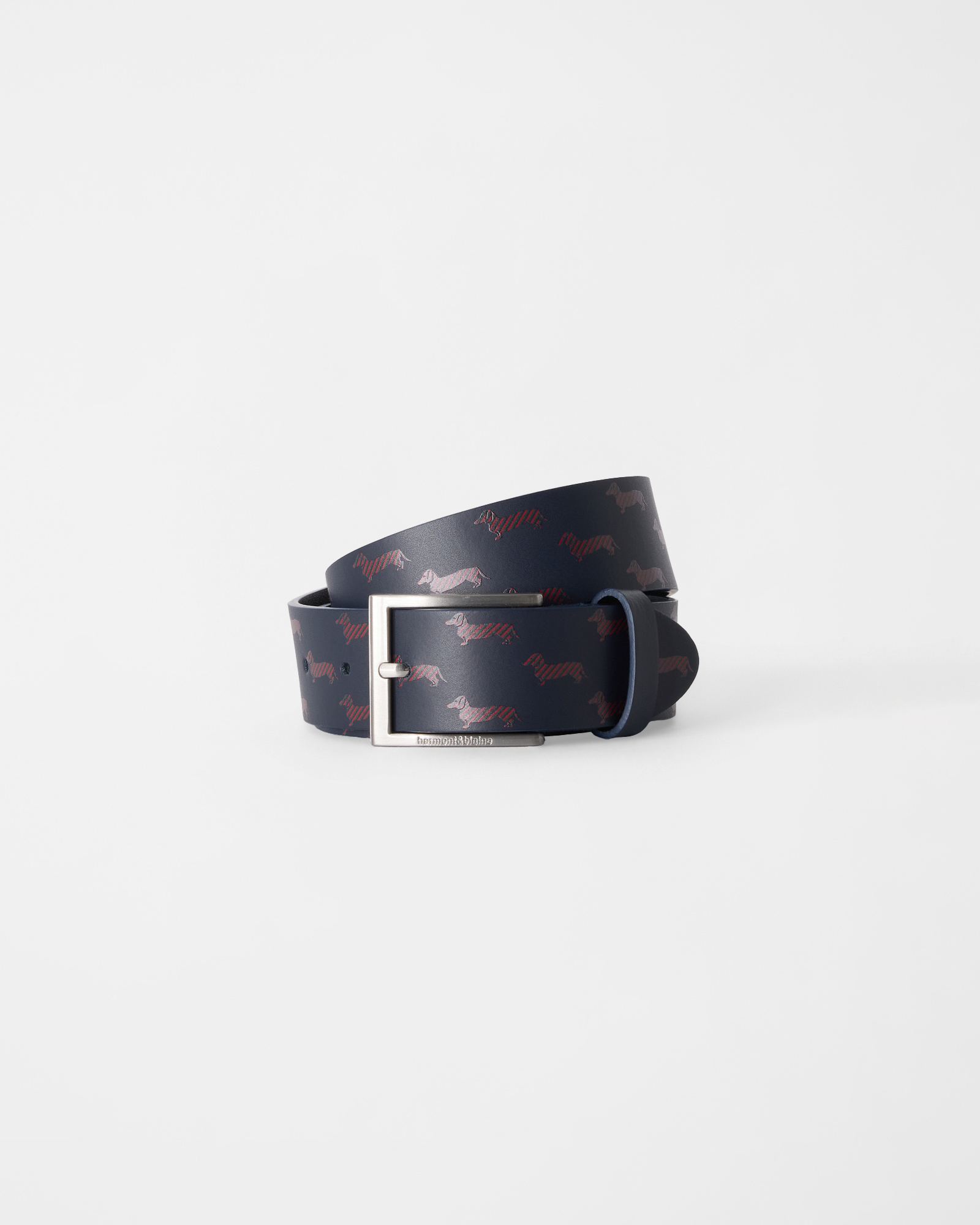 Men's dark blue genuine leather belt with dachshund print
