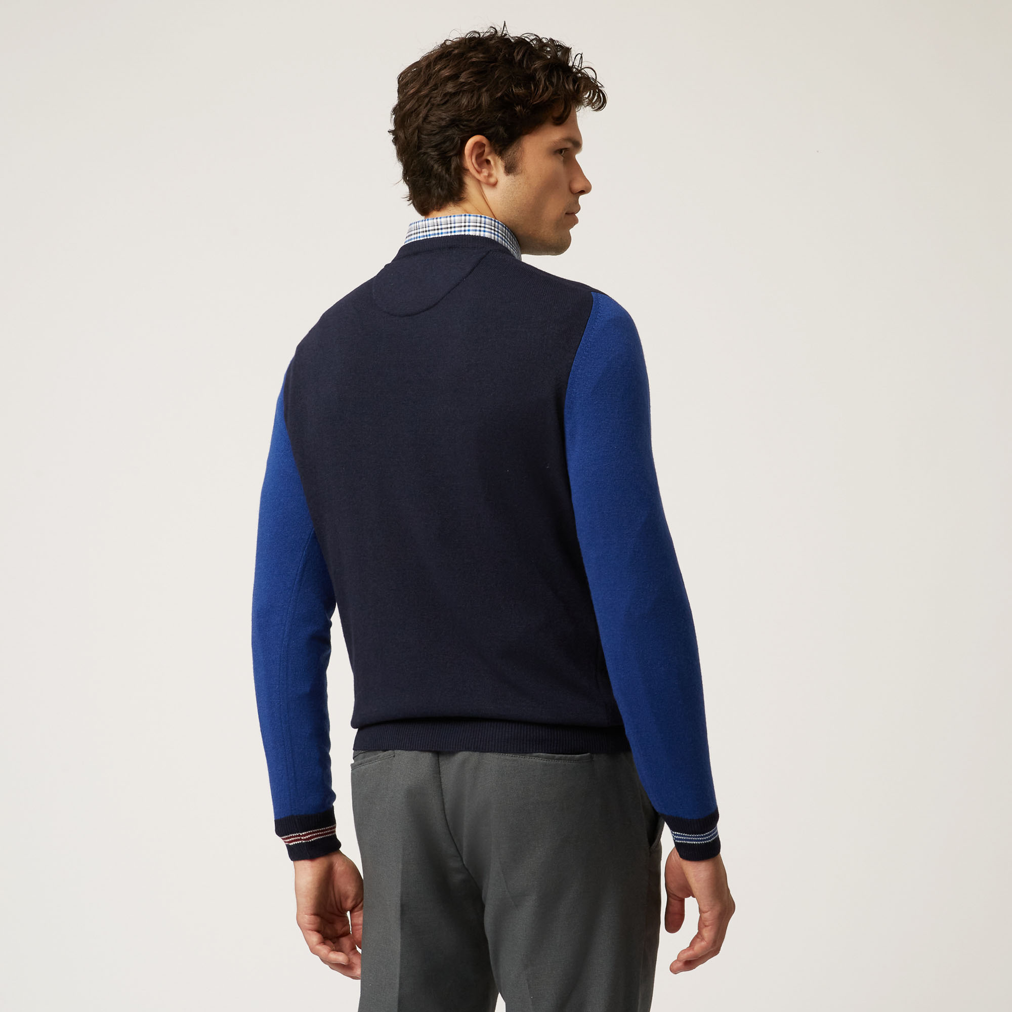 Crew-Neck Pullover With Shirt-Fabric Insert