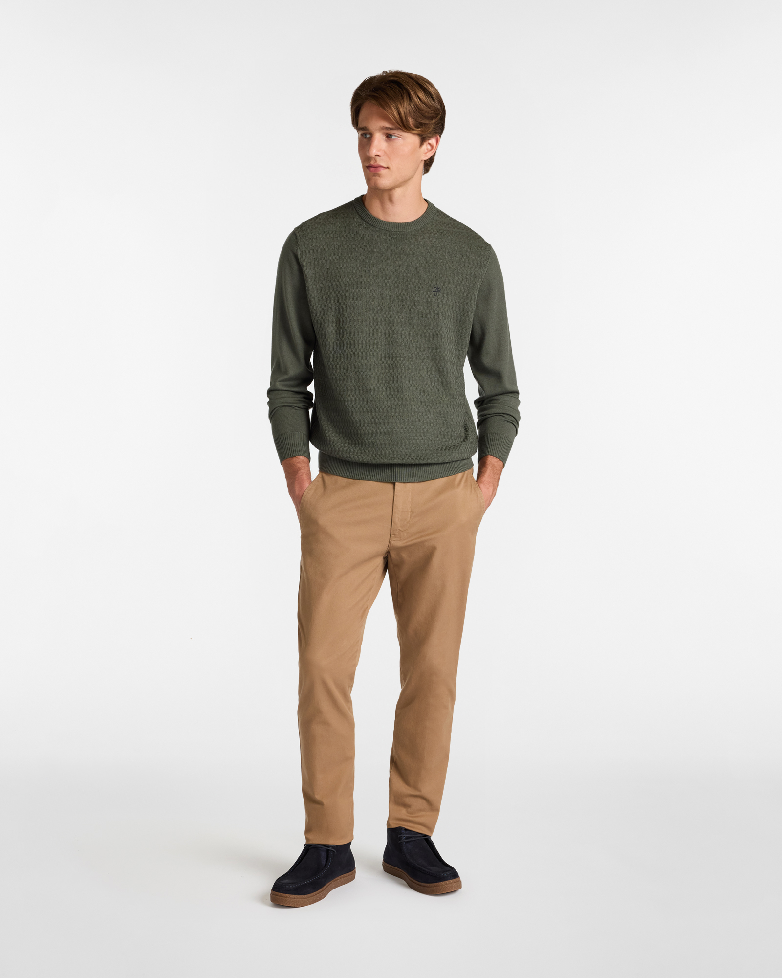 Maglione Girocollo in Lana Merino con Lavorazione Jacquard, Verde Oliva, large image number 3