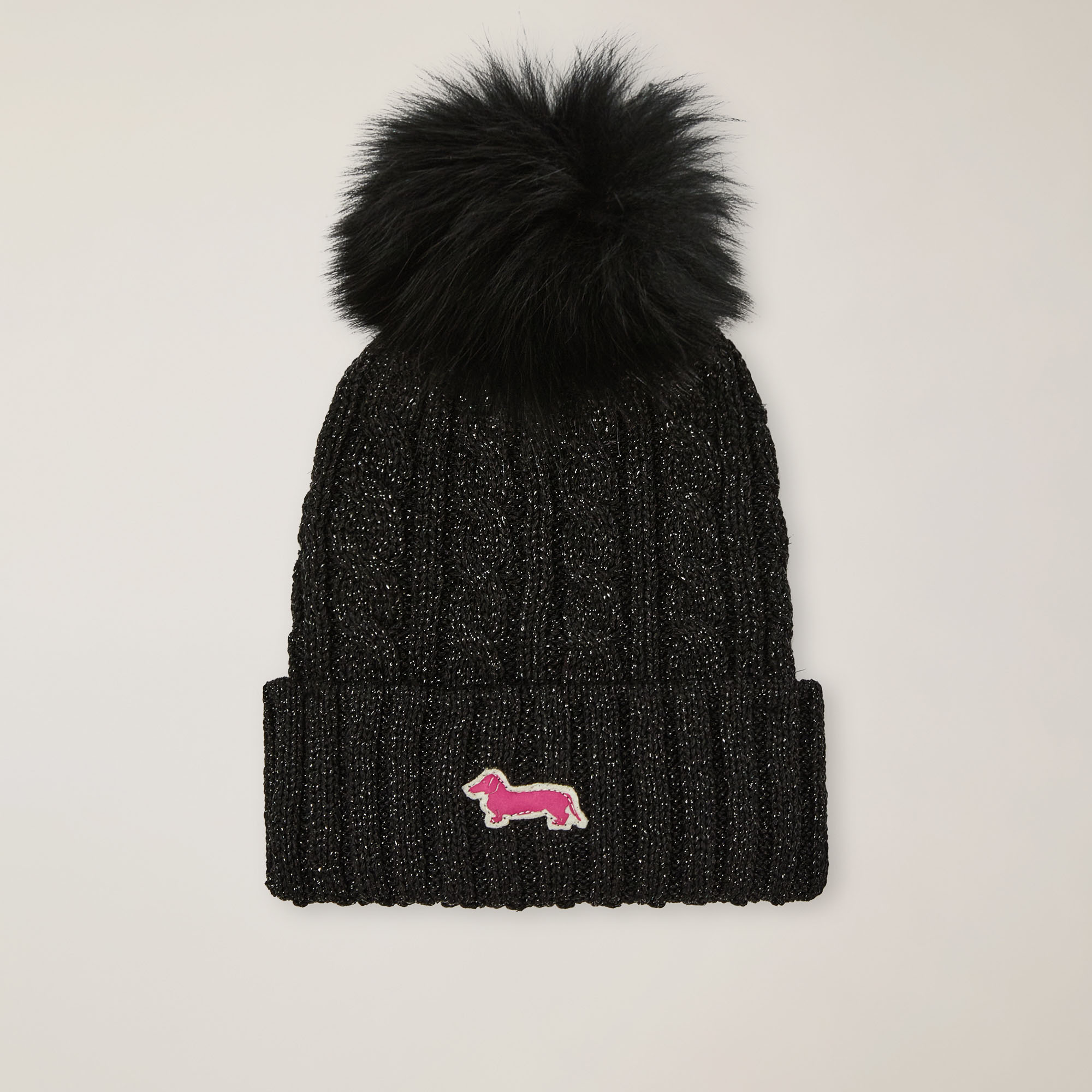 Lurex hat with fur pom pom, Black, large image number 0