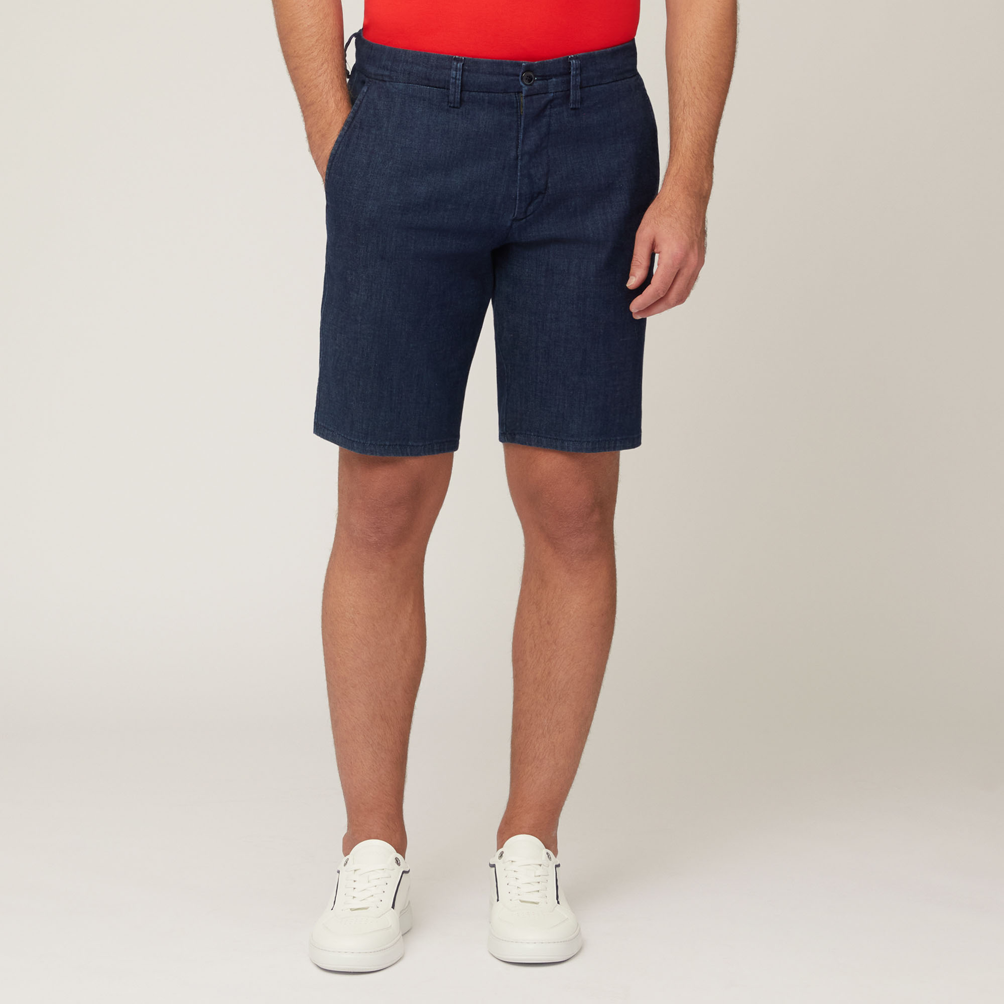 Denim-Effect Stretch Cotton Bermuda Shorts, Blue, large image number 0