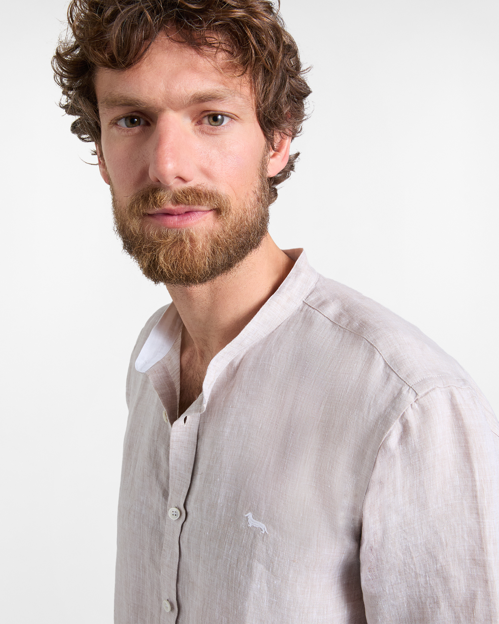 Linen shirt with mandarin collar, Beige, large image number 2