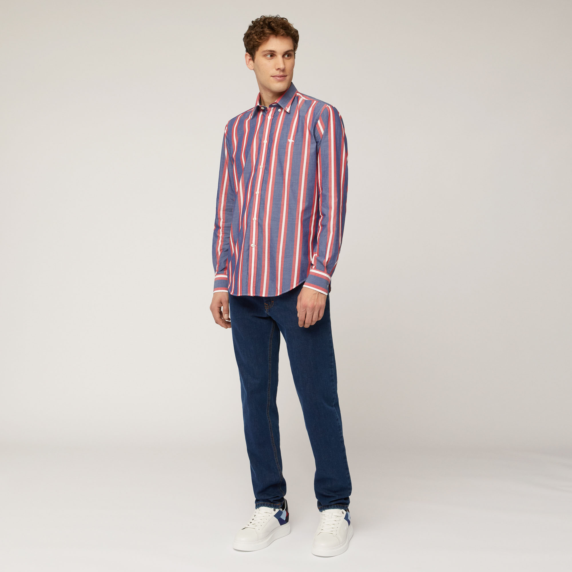 Cotton Shirt with Alternating Stripes, Blue, large image number 3