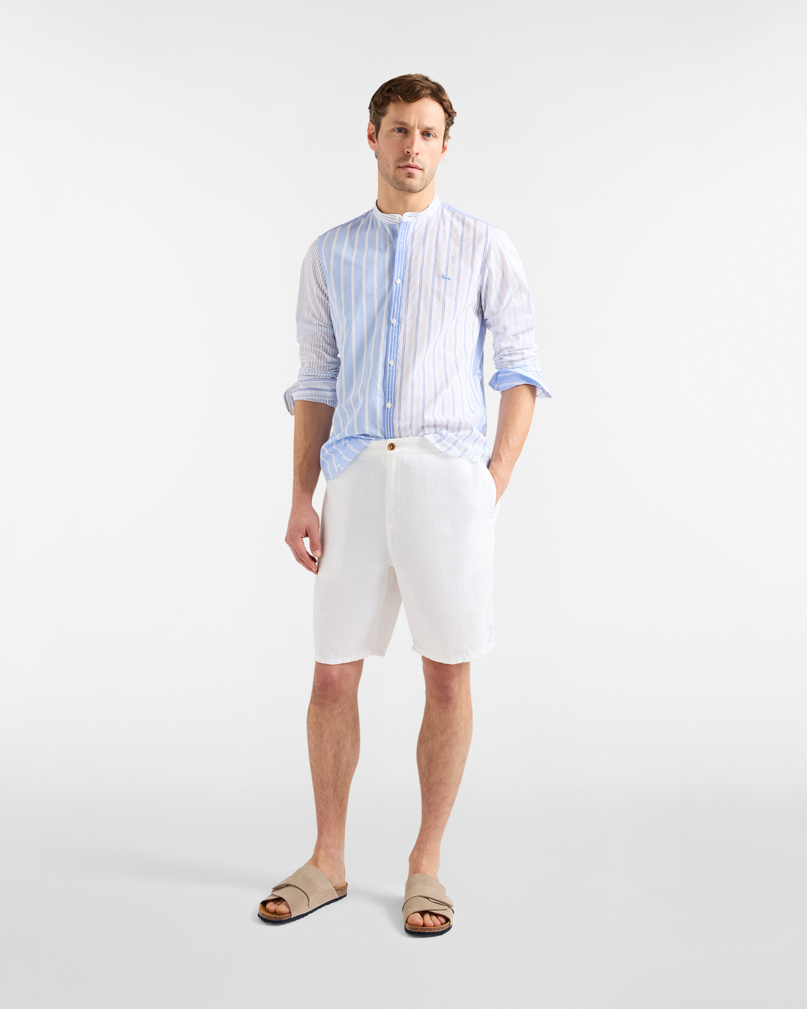 Men's striped patchwork shirt with mandarin collar, Celeste, large image number 3