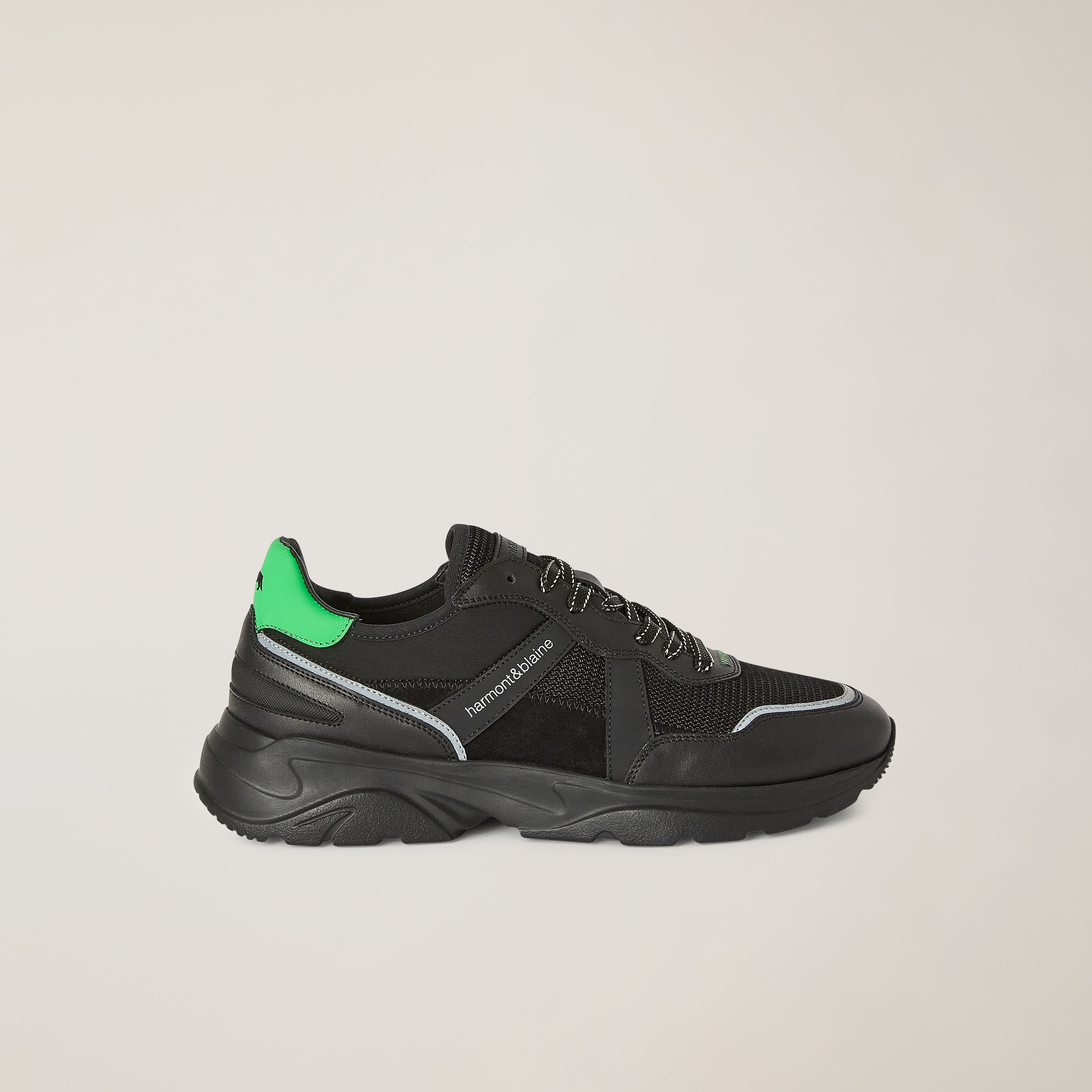 Leather And Fabric Running Sneakers, Black/Green, large