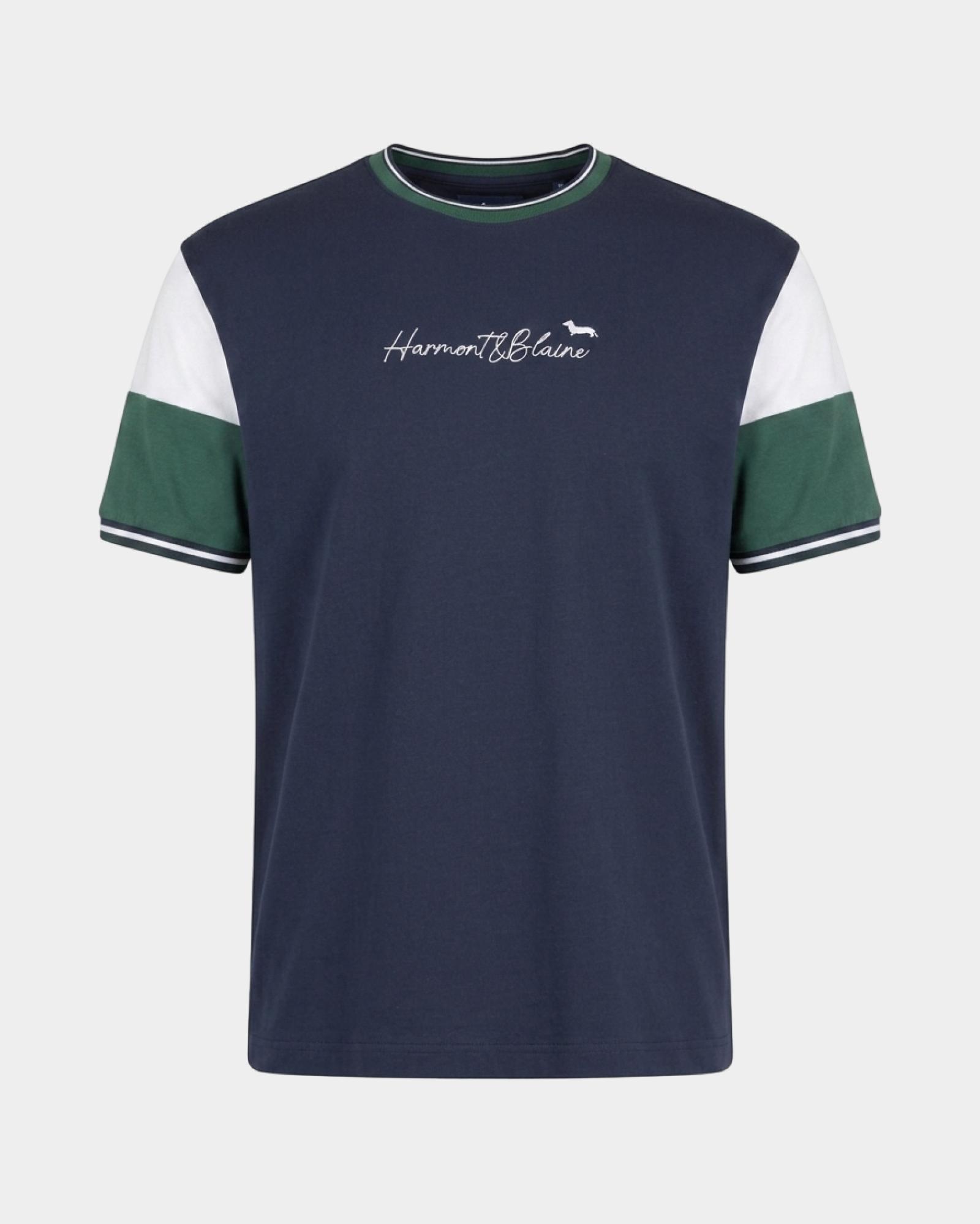 Men's T-shirt with striped ribbed crewneck in  100% pure cotton with relaxed fit, NAVY BLUE, large