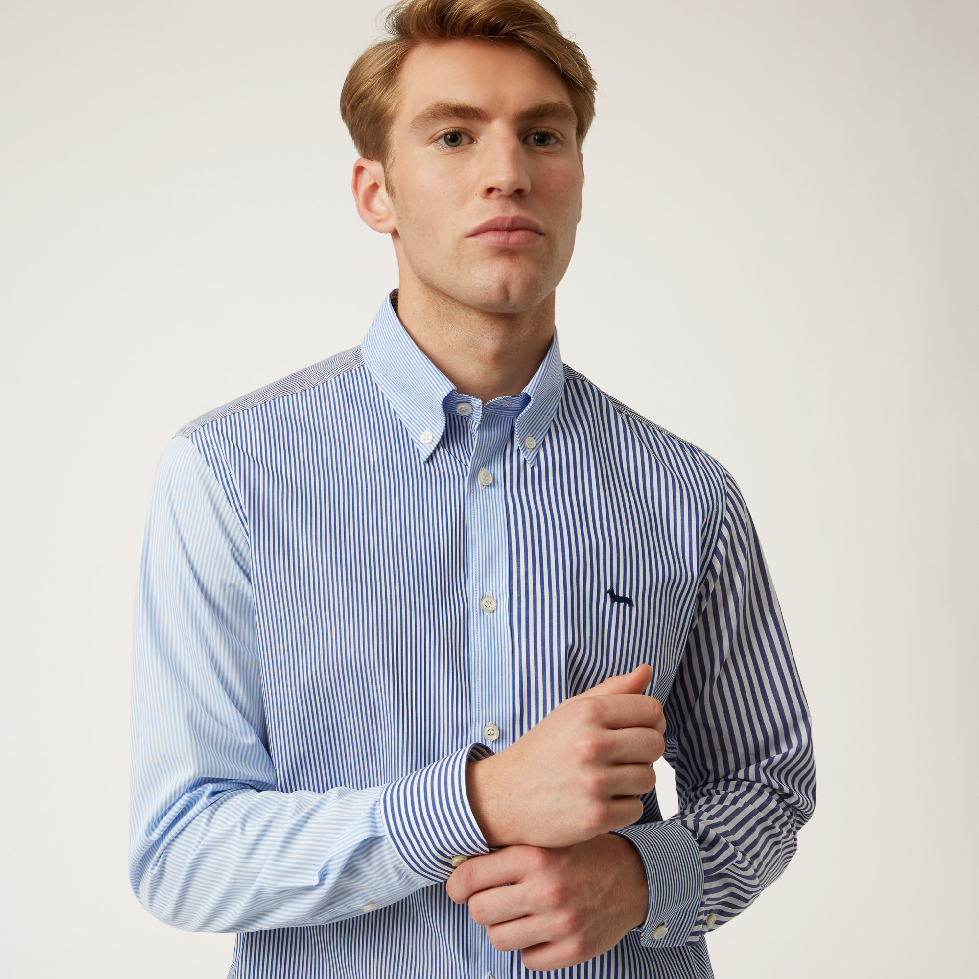 Mixed-Fabric Cotton Shirt, Blue, large image number 2