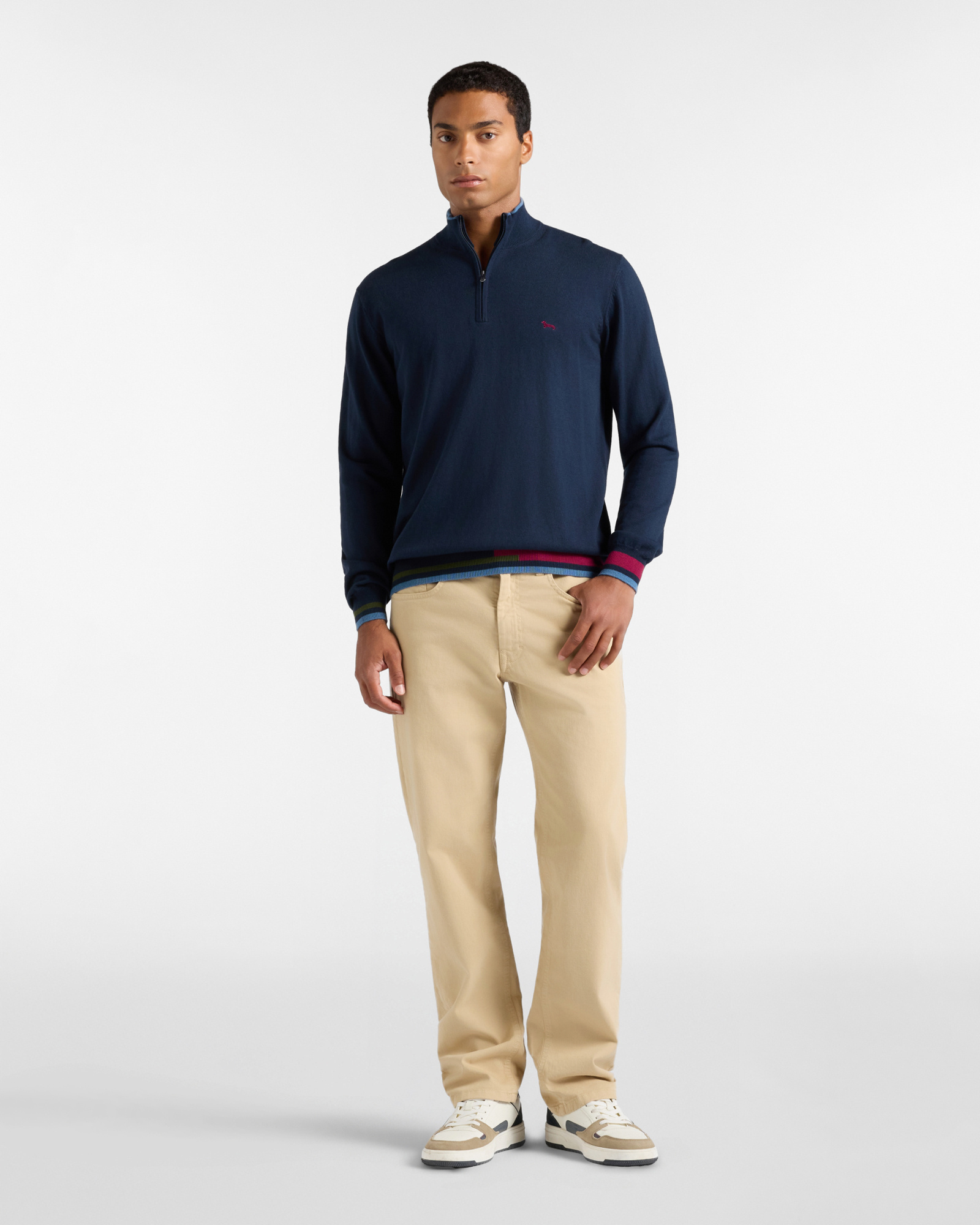 Men's regular fit sweater with half-zip stand-up collar in wool and cotton blend, NAVY BLUE, large