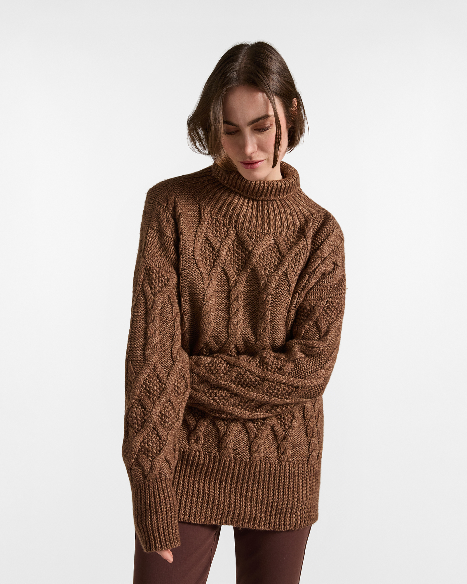Women's oversized fit maxi turtleneck pullover in brown wool with cashmere and cotton blend