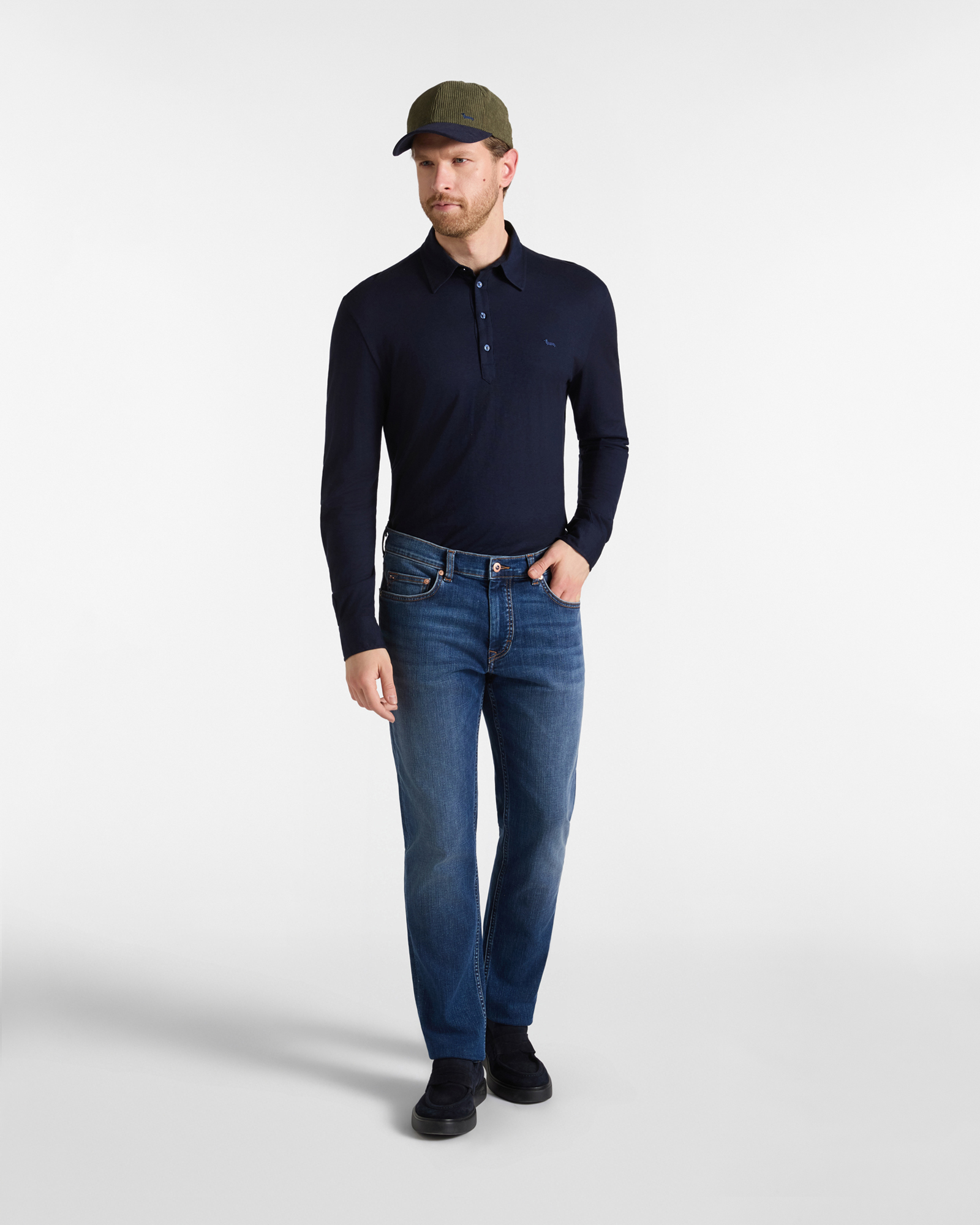 Men's long-sleeve cotton and Lyocell blend jersey polo shirt, NAVY BLUE, large