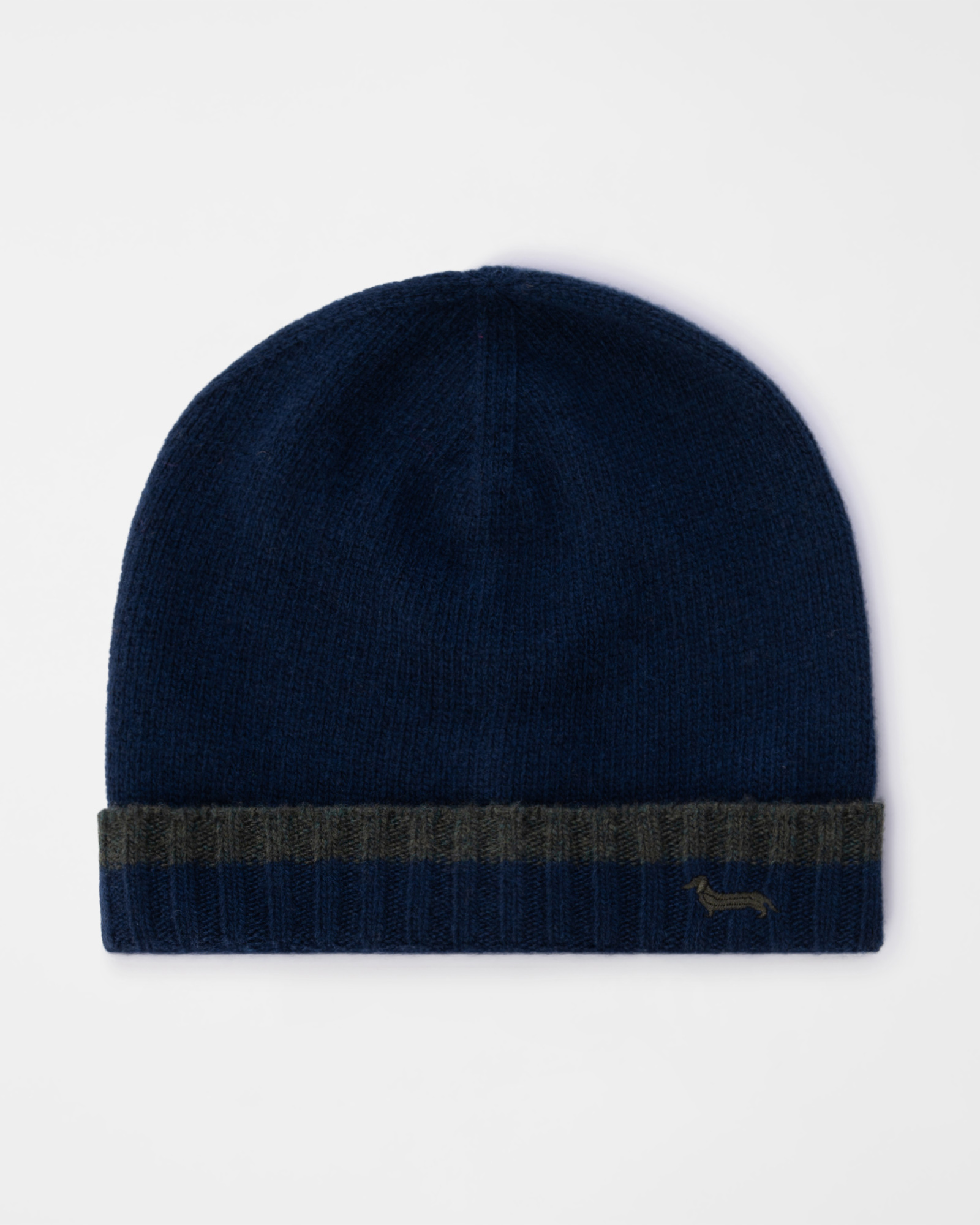 Men&rsquo;s wool and cashmere blend beanie with light blue dachshund embroidery