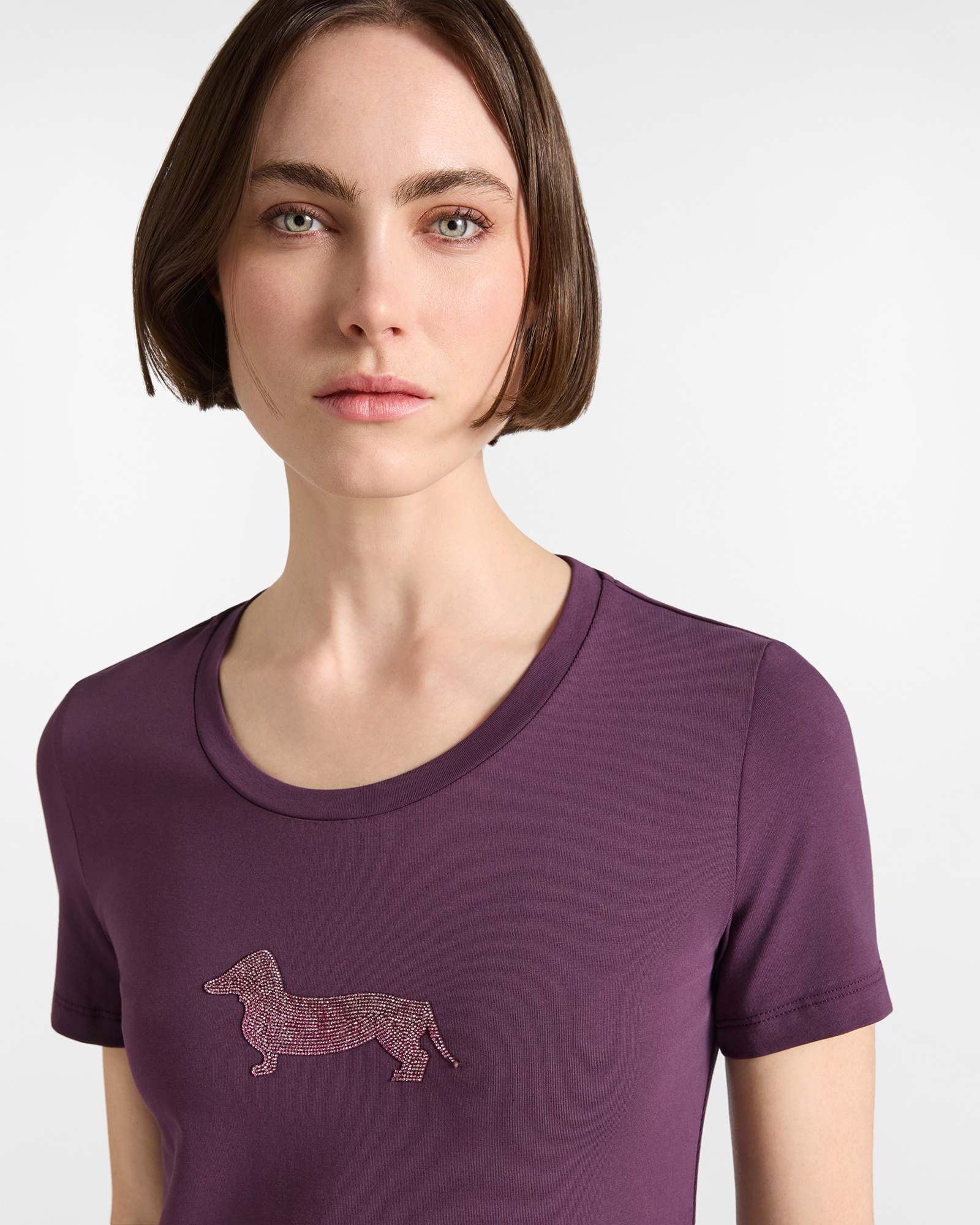 Women's  stretch cotton T-shirt with glitter maxi dachshund, DARK PURPLE, large image number 2