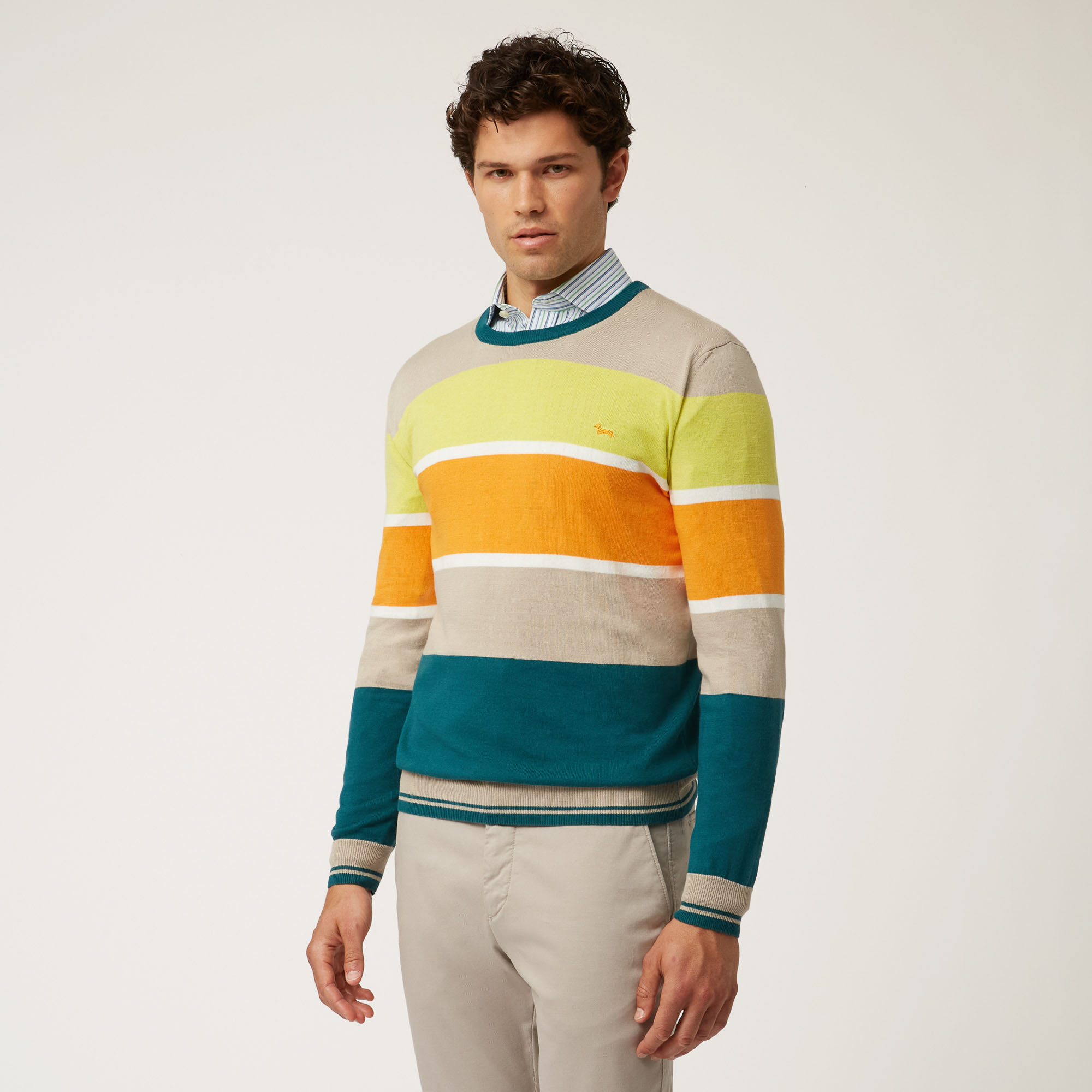 Color-Block Striped Crew-Neck Pullover, Beige, large