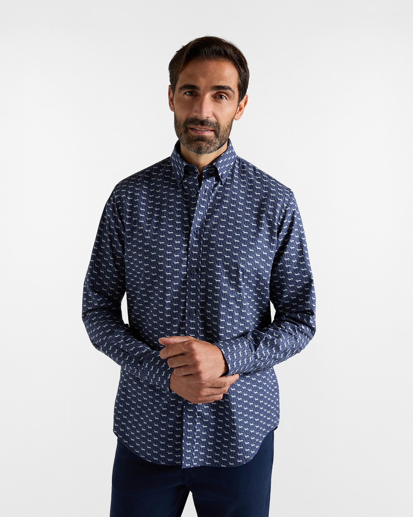 Camicia Uomo Bassotti all over in popeline di cotone blu navy