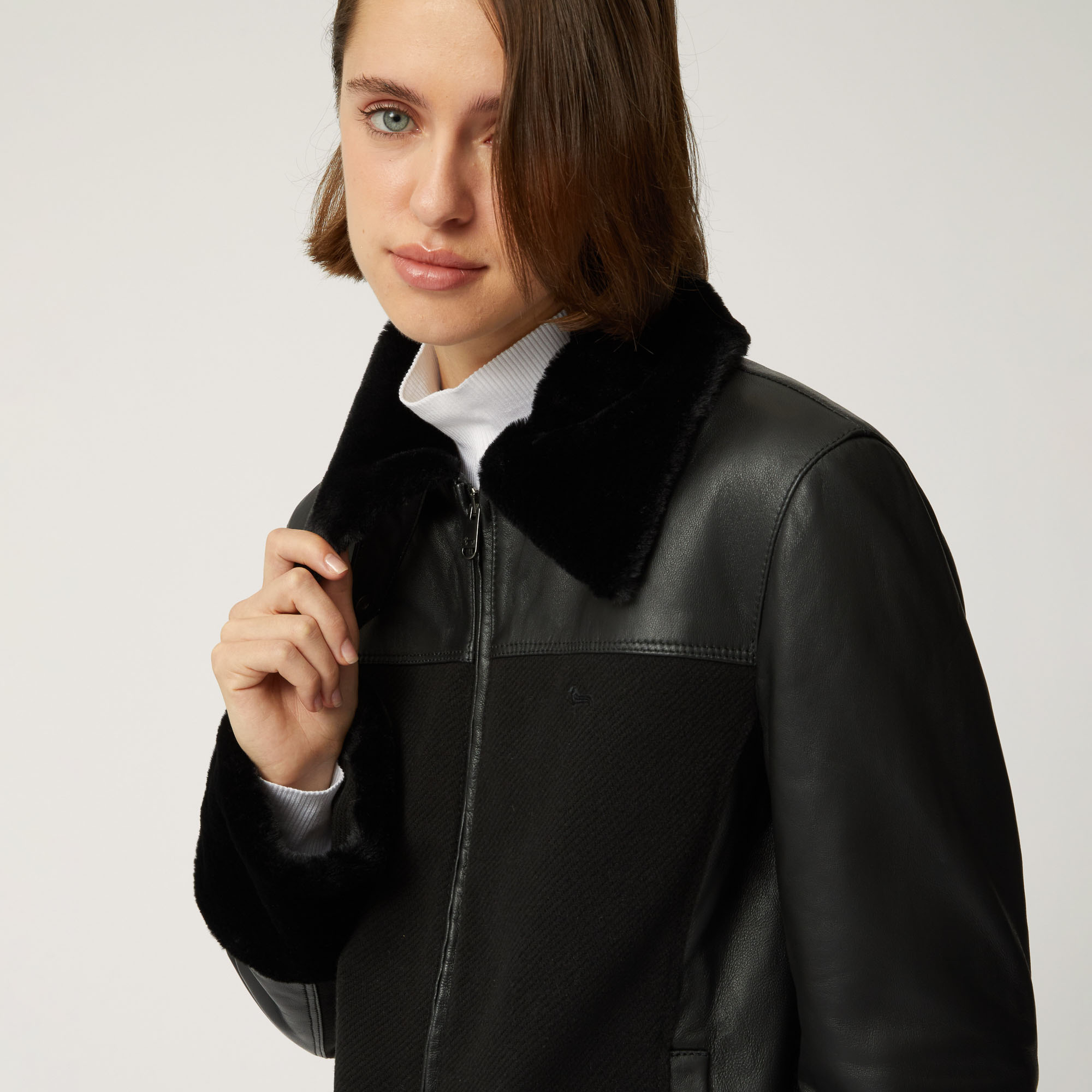 Chaqueta De Piel Con Detalles De Pelo, Negro, large image number 2
