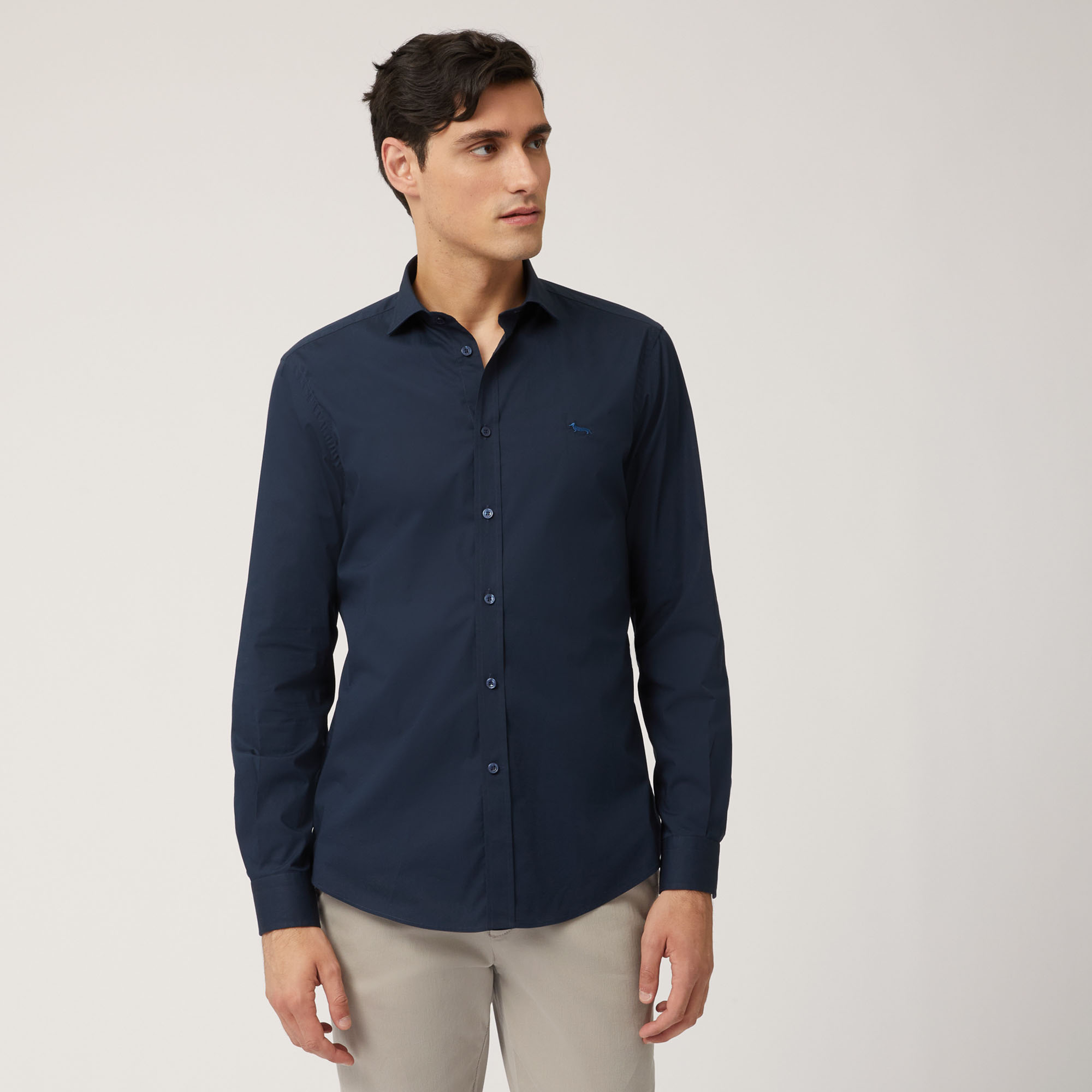 Camisa De Algodón Elástico Con Interiores A Contraste, Azul, large