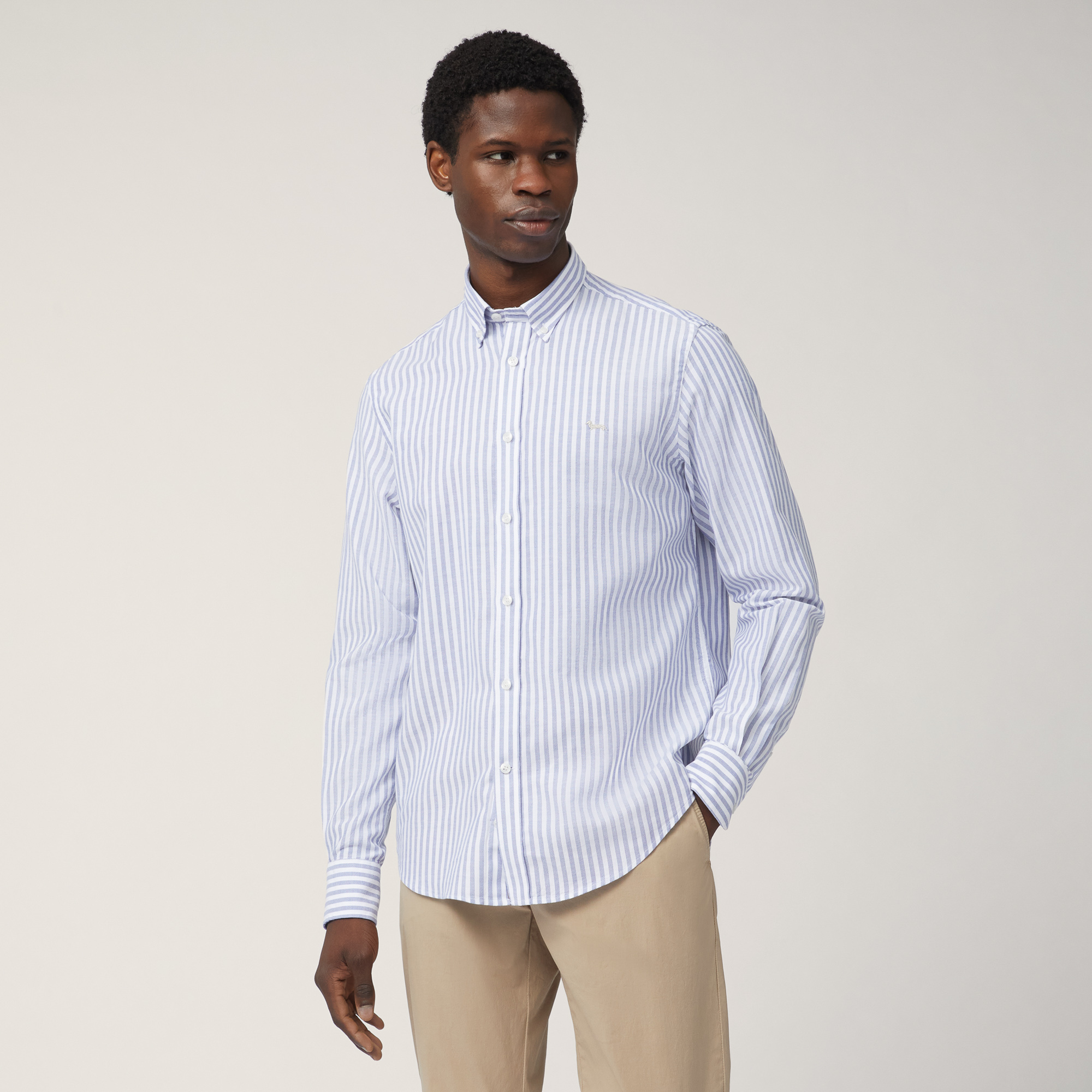 Striped Woven Cotton Shirt, Blue, large