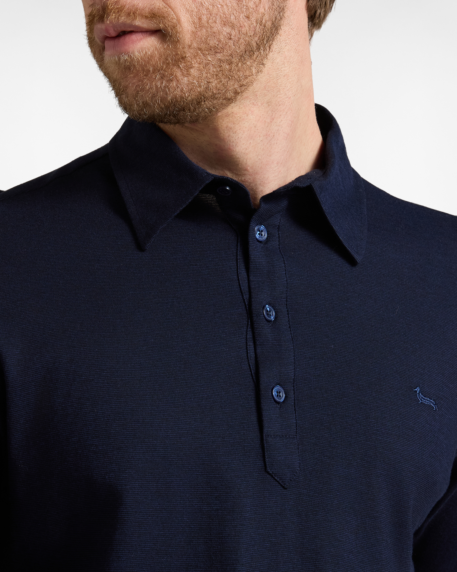 Men's long-sleeve cotton and Lyocell blend jersey polo shirt, NAVY BLUE, large