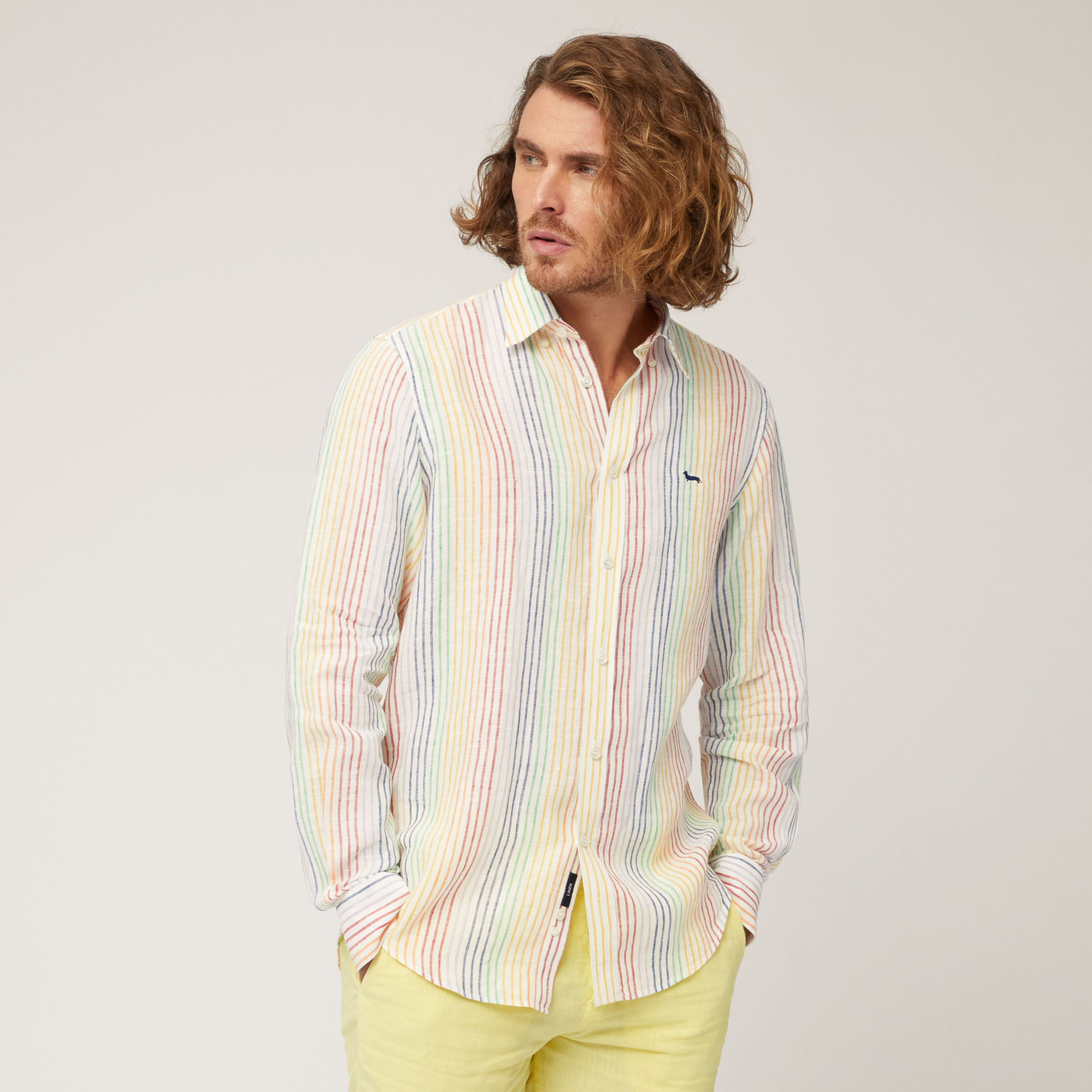Camicia In Lino A Righe Arcobaleno, Bianco, large image number 0