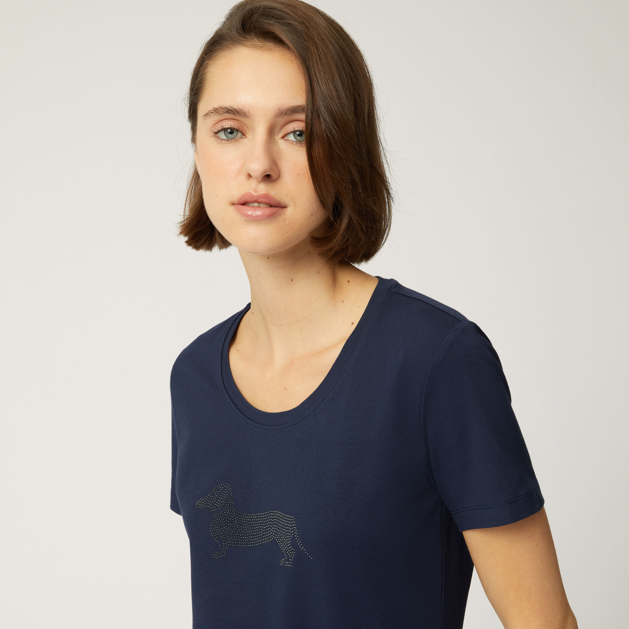 T-Shirt In Cotone Stretch Con Maxi Bassotto, Blu Navy, large image number 2