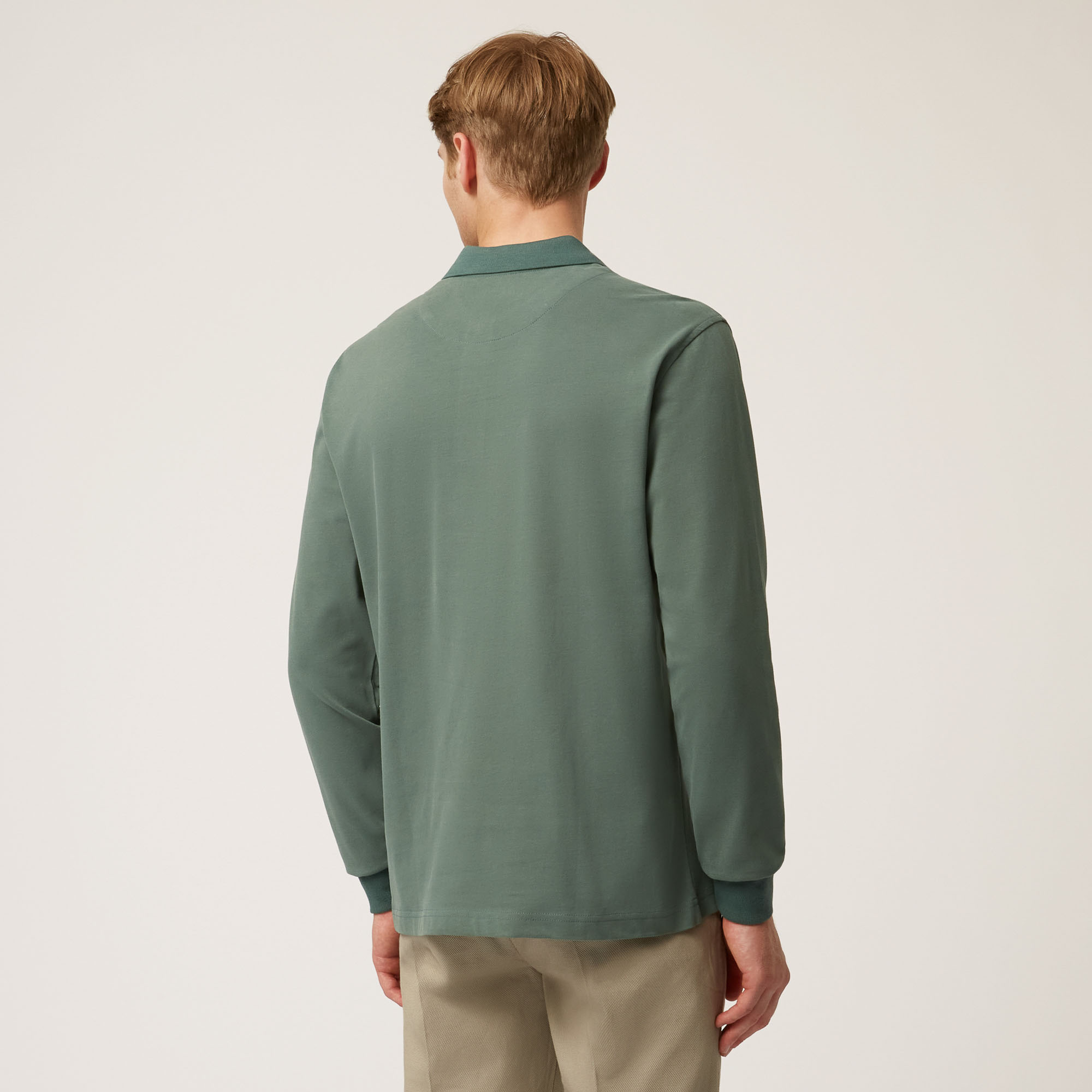 Long-Sleeved Cotton Polo Shirt With Contrasting Detail, Green, large image number 1